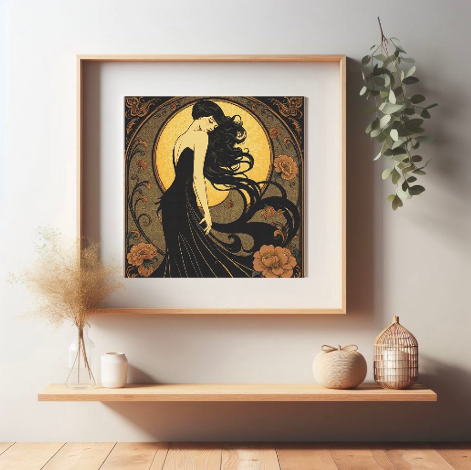Art Nouveau Black Dress PDF Pattern | Embroidery Cross Stitch Pattern Download | Stitching | Embroidery Kits | Stitch Design | Embroidery Stitches | PDF Pattern