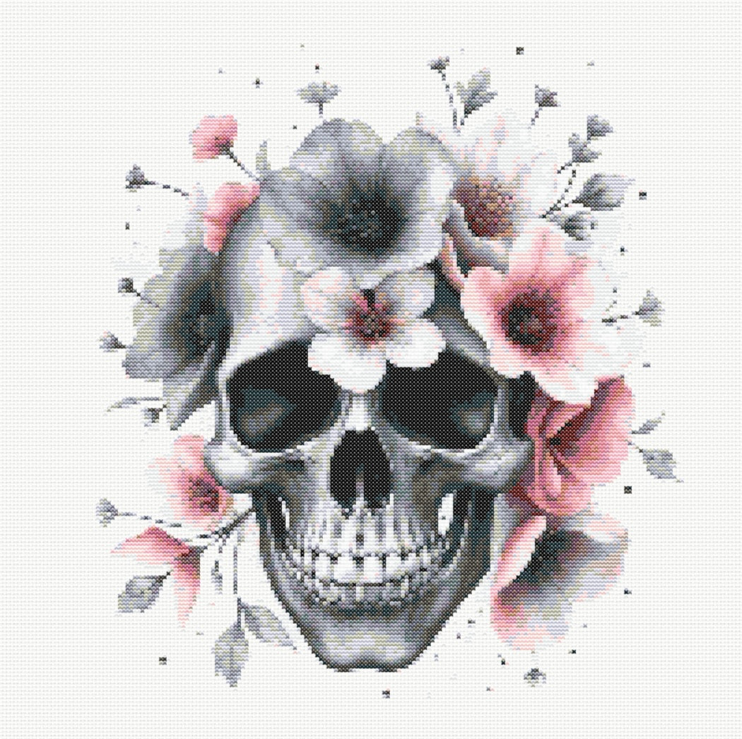 Watercolour Skull & Flowers (Black & Pink) PDF Pattern | Embroidery Cross Stitch Pattern Download | Stitching | Embroidery Kits | Stitch Design | Embroidery Stitches | PDF Pattern
