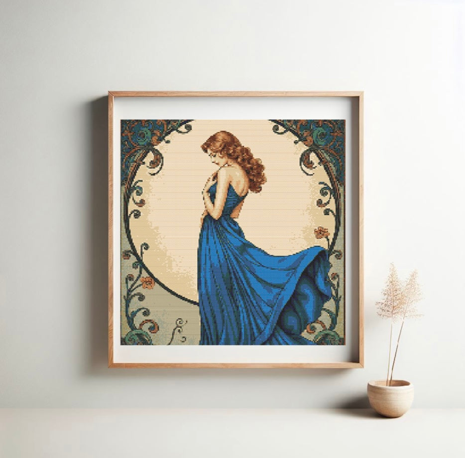Art Nouveau Blue Dress PDF Pattern | Embroidery Cross Stitch Pattern Download | Stitching | Embroidery Kits | Stitch Design | Embroidery Stitches | PDF Pattern