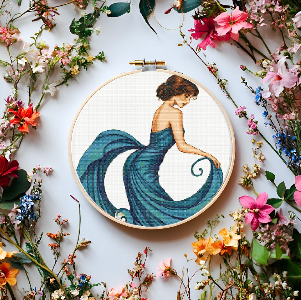 Art Nouveau Blue Dress (Circle) PDF Pattern | Embroidery Cross Stitch Pattern Download | Stitching | Embroidery Kits | Stitch Design | Embroidery Stitches | PDF Pattern