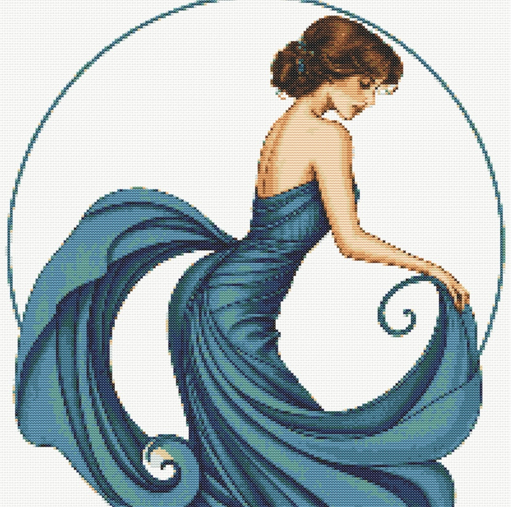 Art Nouveau Blue Dress (Circle) PDF Pattern | Embroidery Cross Stitch Pattern Download | Stitching | Embroidery Kits | Stitch Design | Embroidery Stitches | PDF Pattern