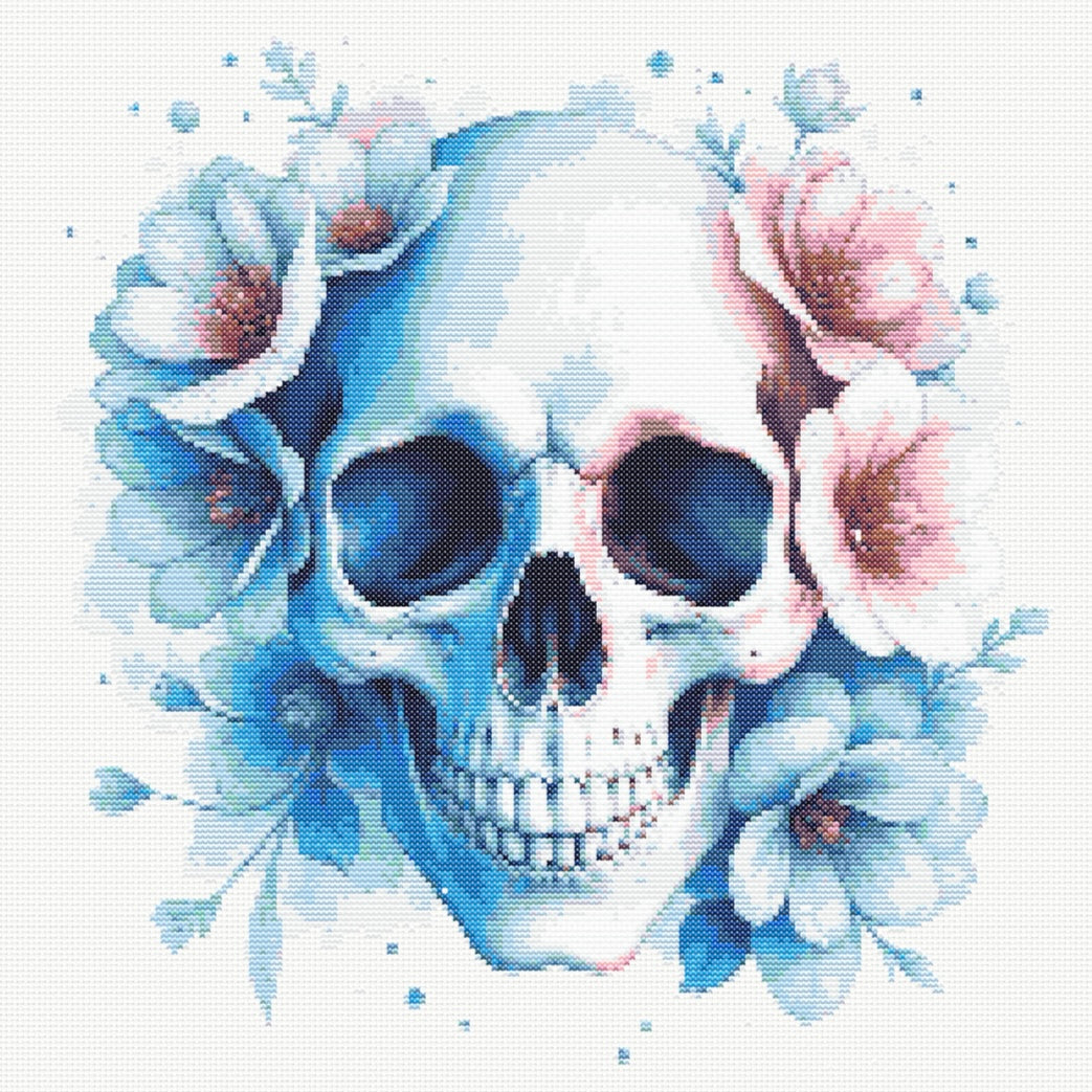 Watercolour Skull & Flowers (Blue & Peach) PDF Pattern | Embroidery Cross Stitch Pattern Download | Stitching | Embroidery Kits | Stitch Design | Embroidery Stitches | PDF Pattern