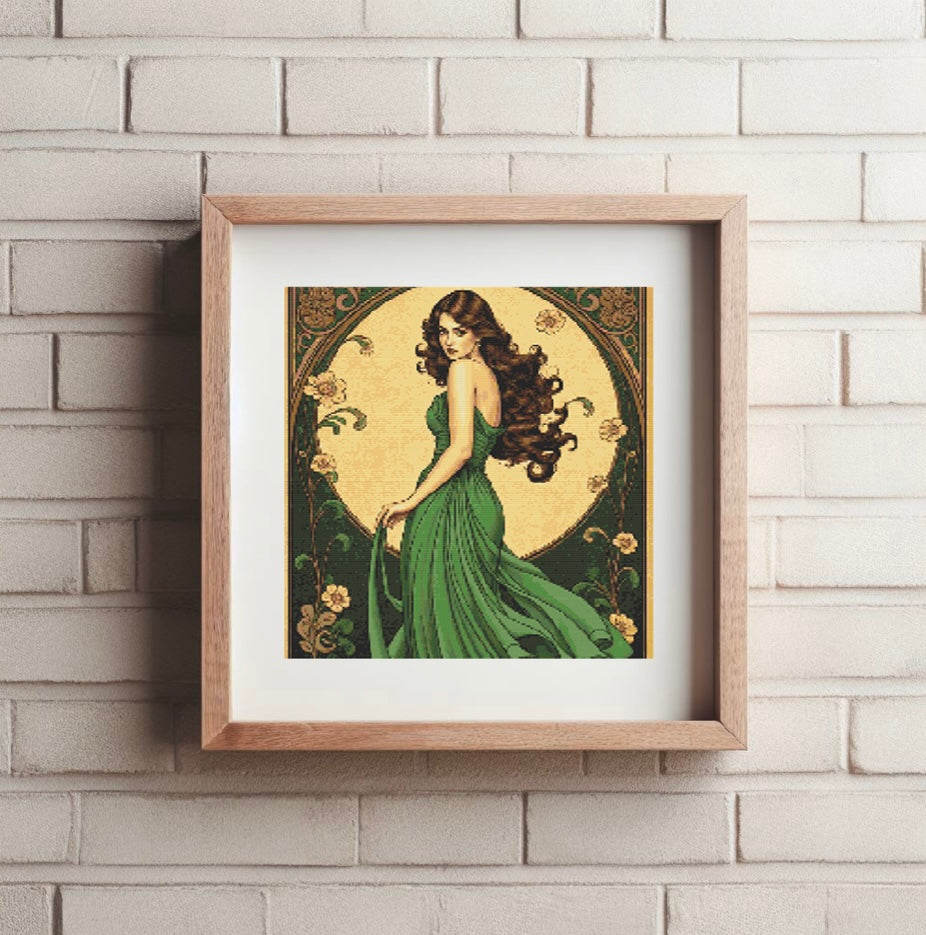 Art Nouveau Green Dress PDF Pattern | Embroidery Cross Stitch Pattern Download | Stitching | Embroidery Kits | Stitch Design | Embroidery Stitches | PDF Pattern