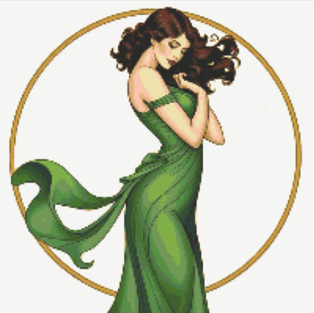 Art Nouveau Green Dress (Circle) PDF Pattern | Embroidery Cross Stitch Pattern Download | Stitching | Embroidery Kits | Stitch Design | Embroidery Stitches | PDF Pattern