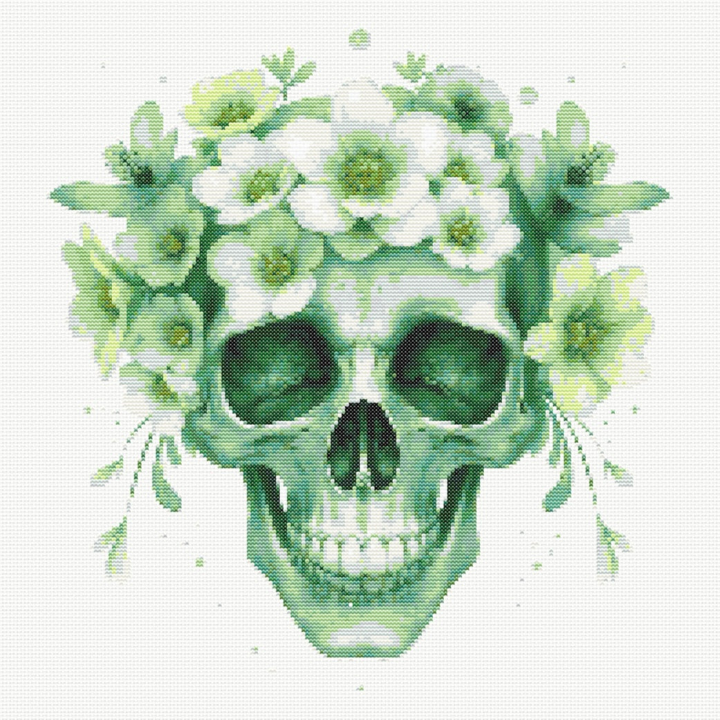 Watercolour Skull & Flowers (Green) PDF Pattern | Embroidery Cross Stitch Pattern Download | Stitching | Embroidery Kits | Stitch Design | Embroidery Stitches | PDF Pattern