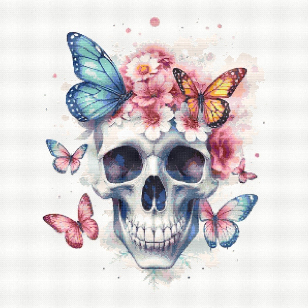 Watercolour Skull & Butterflies (Multicolour) PDF Pattern | Embroidery Cross Stitch Pattern Download | Stitching | Embroidery Kits | Stitch Design | Embroidery Stitches | PDF Pattern