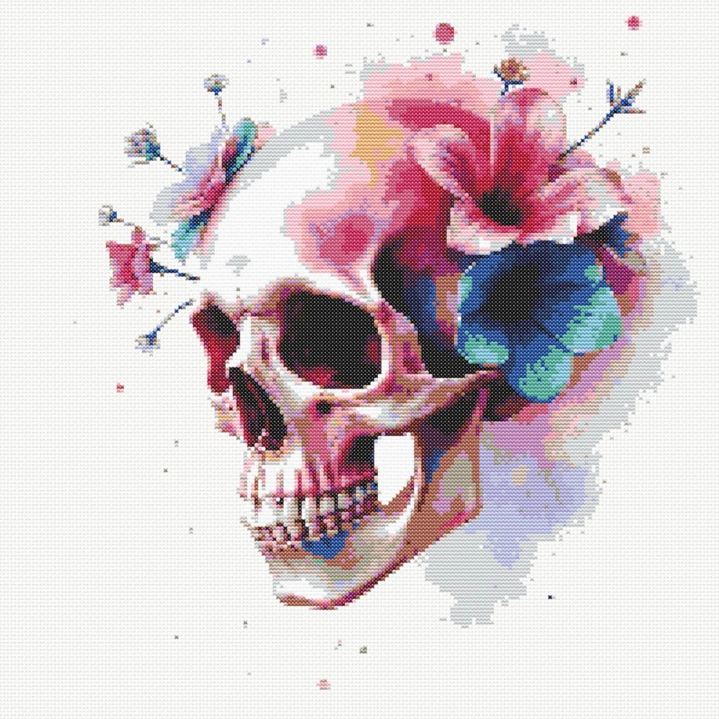 Watercolour Skull & Flowers (Multicolour) PDF Pattern | Embroidery Cross Stitch Pattern Download | Stitching | Embroidery Kits | Stitch Design | Embroidery Stitches | PDF Pattern