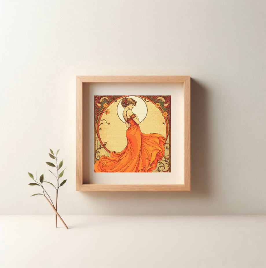 Art Nouveau Orange Dress PDF Pattern | Embroidery Cross Stitch Pattern Download | Stitching | Embroidery Kits | Stitch Design | Embroidery Stitches | PDF Pattern