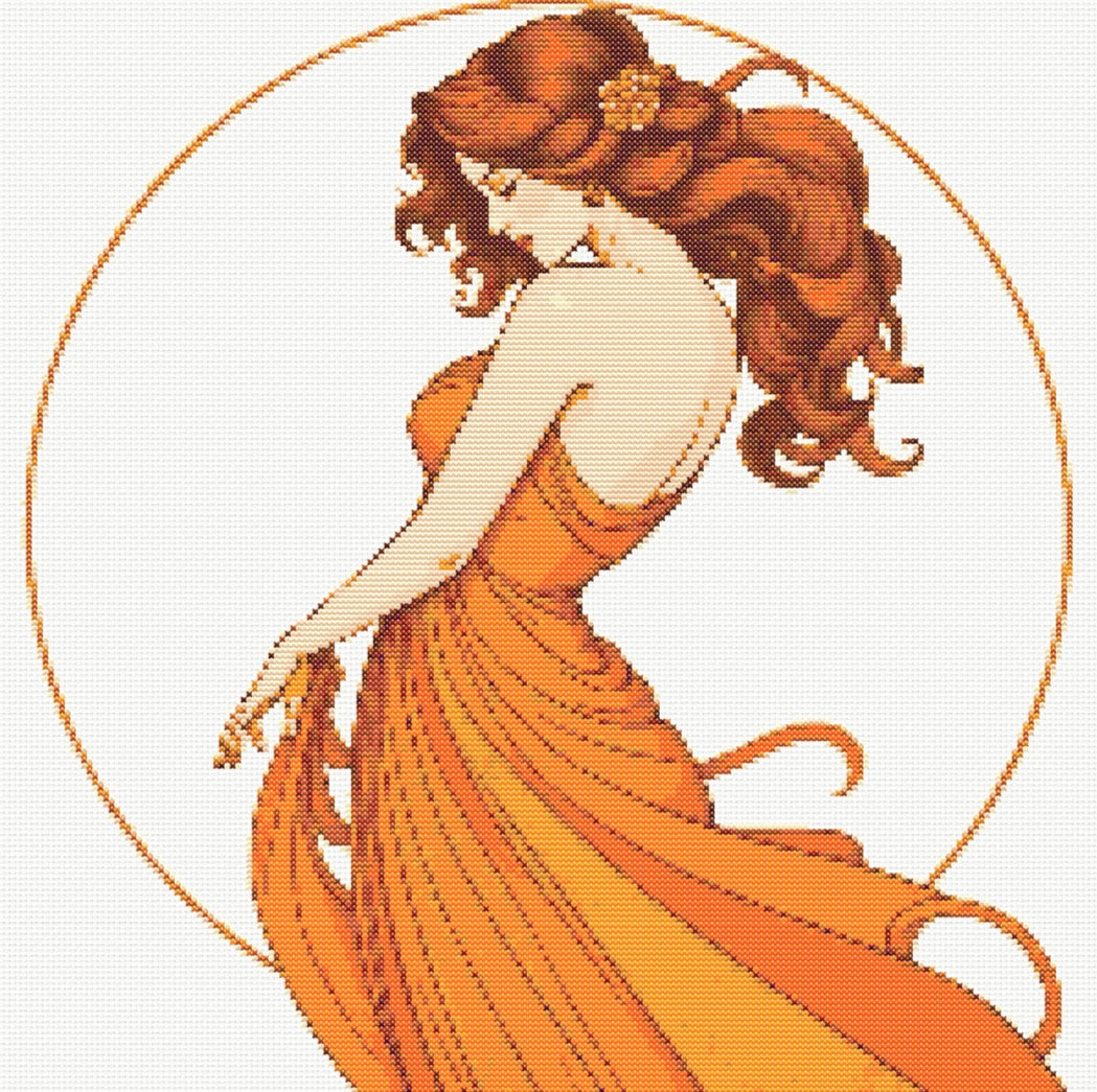 Art Nouveau Orange Dress (Circle) PDF Pattern | Embroidery Cross Stitch Pattern Download | Stitching | Embroidery Kits | Stitch Design | Embroidery Stitches | PDF Pattern