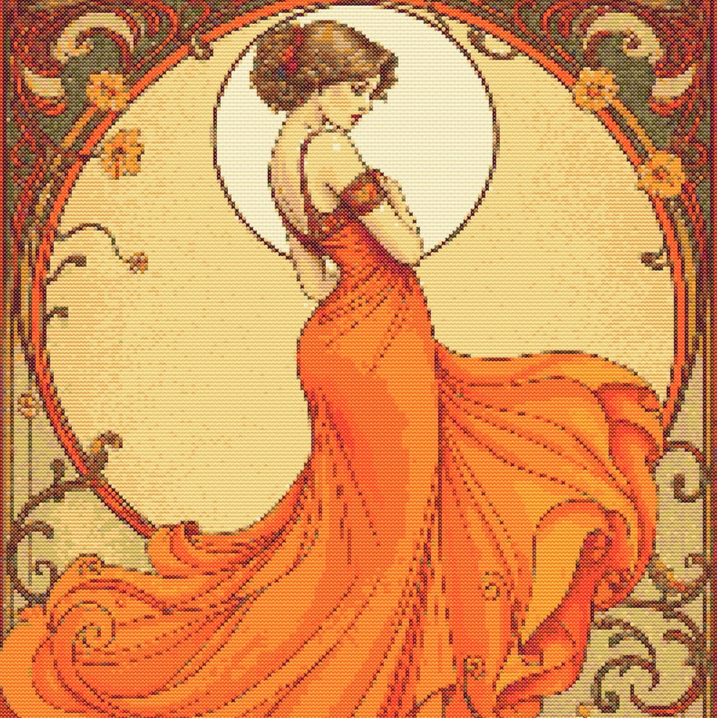 Art Nouveau Orange Dress PDF Pattern | Embroidery Cross Stitch Pattern Download | Stitching | Embroidery Kits | Stitch Design | Embroidery Stitches | PDF Pattern
