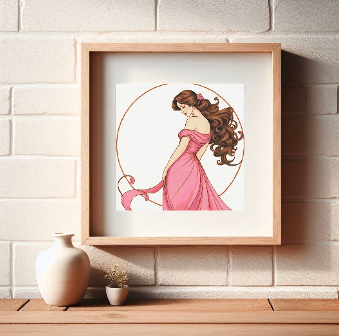 Art Nouveau Pink Dress (Circle) PDF Pattern | Embroidery Cross Stitch Pattern Download | Stitching | Embroidery Kits | Stitch Design | Embroidery Stitches | PDF Pattern