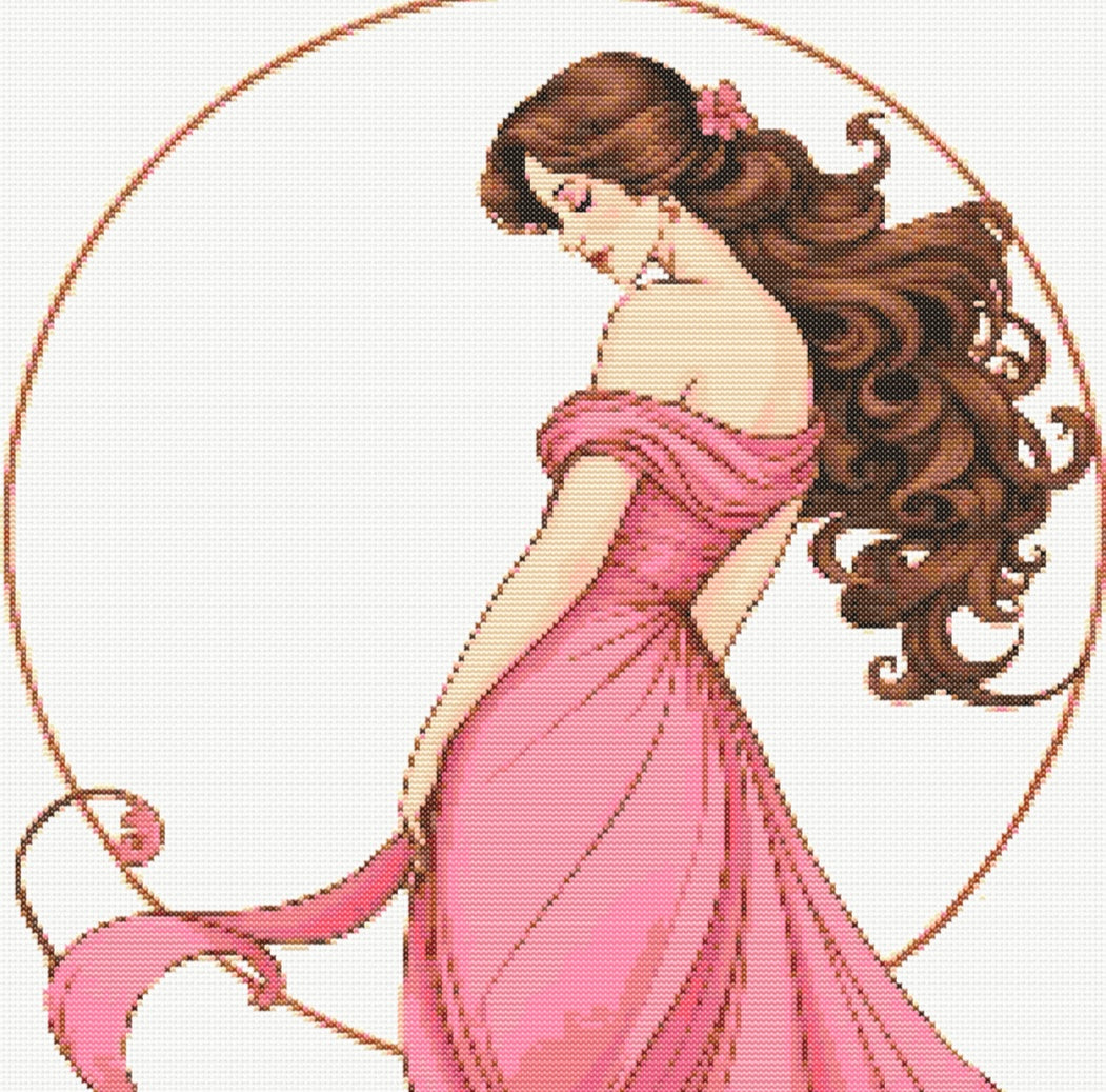 Art Nouveau Pink Dress (Circle) PDF Pattern | Embroidery Cross Stitch Pattern Download | Stitching | Embroidery Kits | Stitch Design | Embroidery Stitches | PDF Pattern