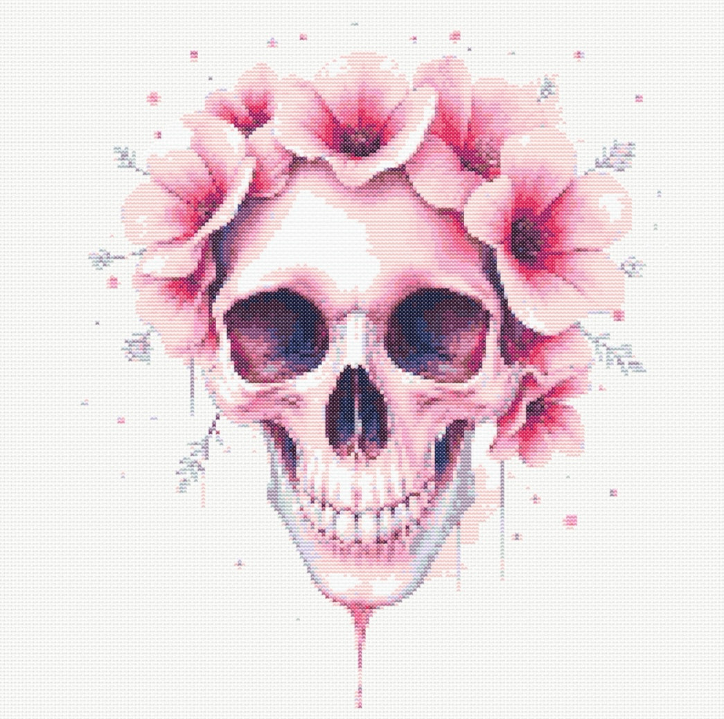 Watercolour Skull & Flowers (Pink) PDF Pattern | Embroidery Cross Stitch Pattern Download | Stitching | Embroidery Kits | Stitch Design | Embroidery Stitches | PDF Pattern