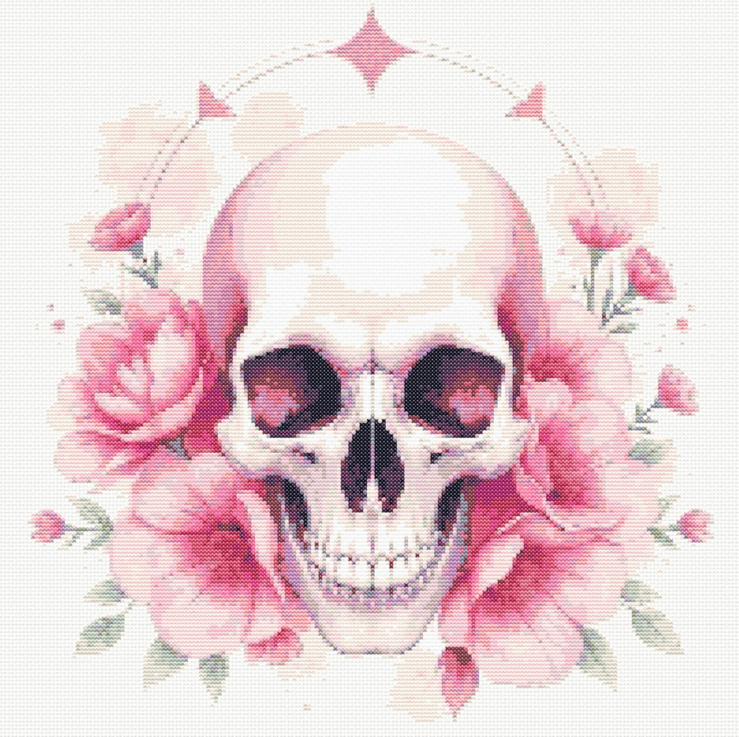 Watercolour Skull & Flowers (Pink) PDF Pattern | Embroidery Cross Stitch Pattern Download | Stitching | Embroidery Kits | Stitch Design | Embroidery Stitches | PDF Pattern