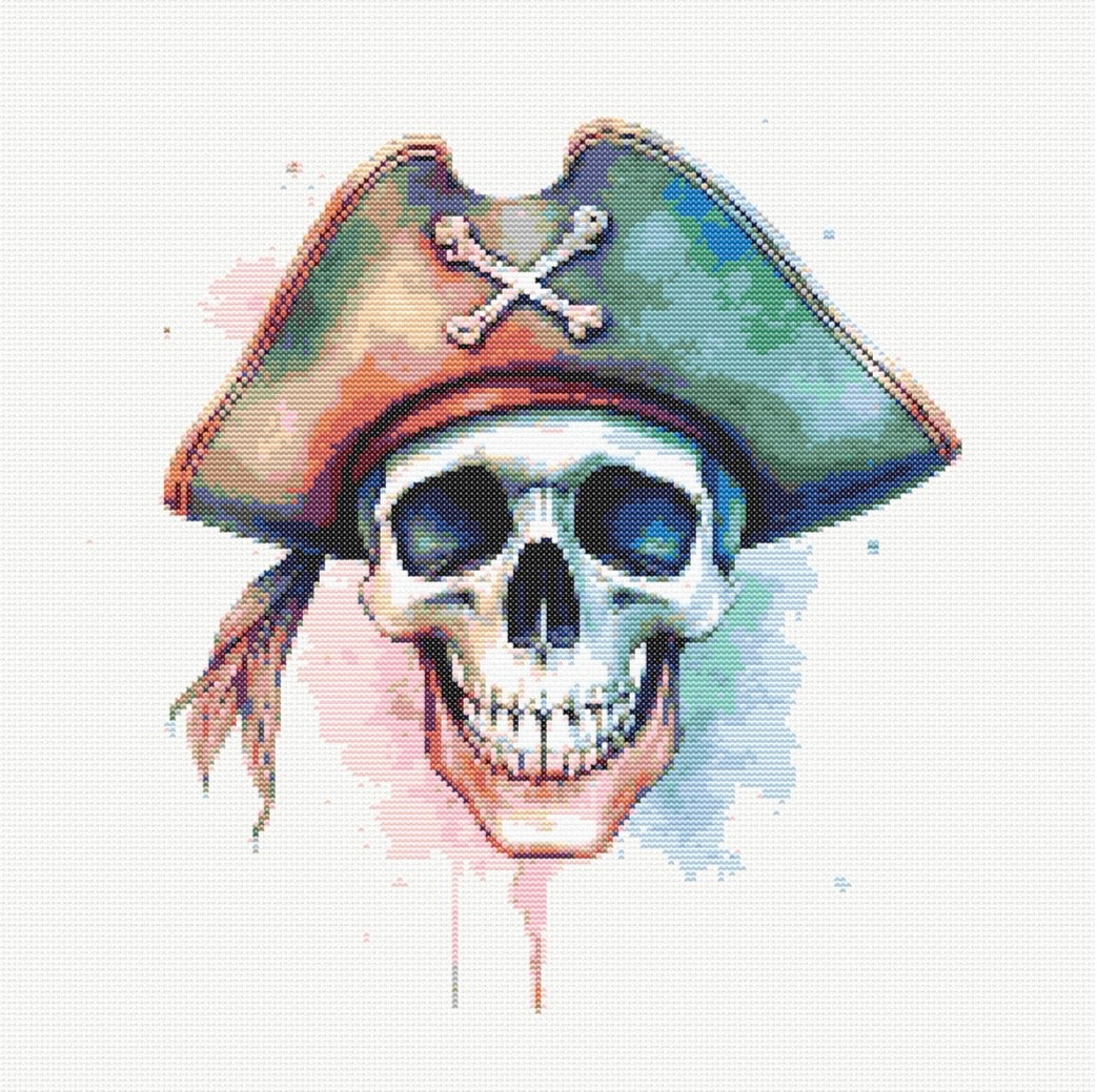 Watercolour Pirate Skull PDF Pattern | Embroidery Cross Stitch Pattern Download | Stitching | Embroidery Kits | Stitch Design | Embroidery Stitches | PDF Pattern