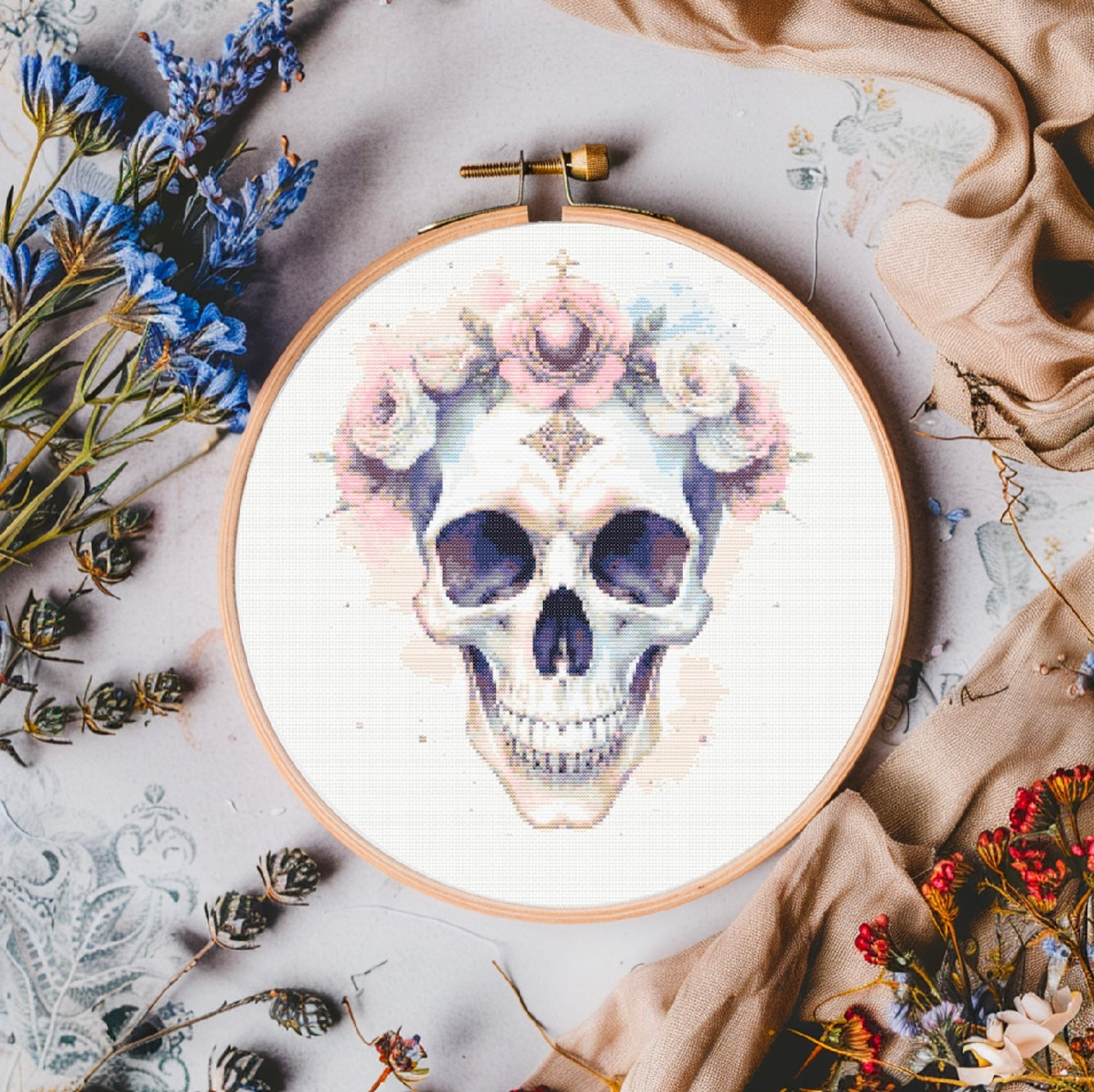Watercolour Pretty Girl Skull (Baby Pink) PDF Pattern | Embroidery Cross Stitch Pattern Download | Stitching | Embroidery Kits | Stitch Design | Embroidery Stitches | PDF Pattern