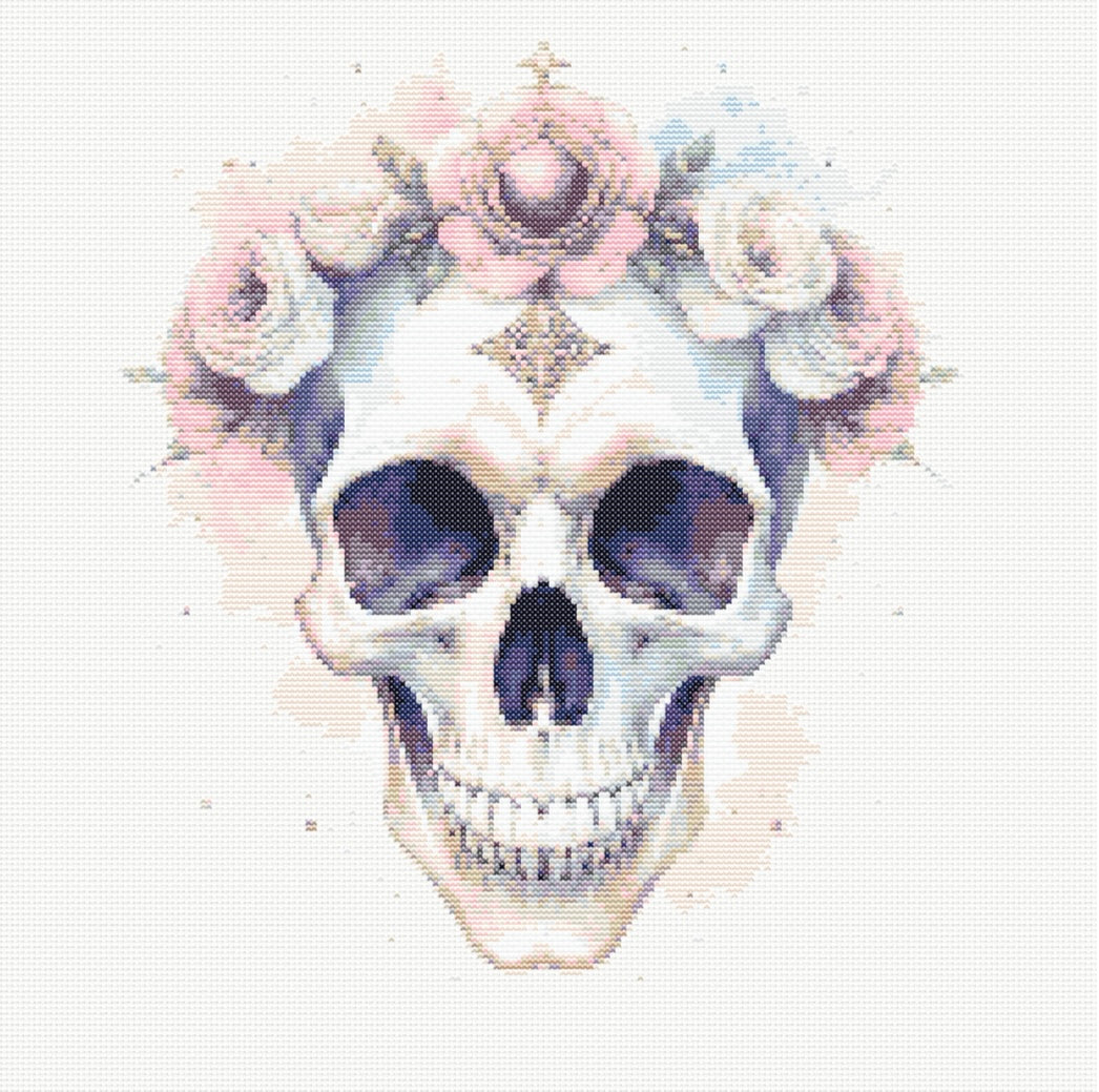 Watercolour Pretty Girl Skull (Baby Pink) PDF Pattern | Embroidery Cross Stitch Pattern Download | Stitching | Embroidery Kits | Stitch Design | Embroidery Stitches | PDF Pattern