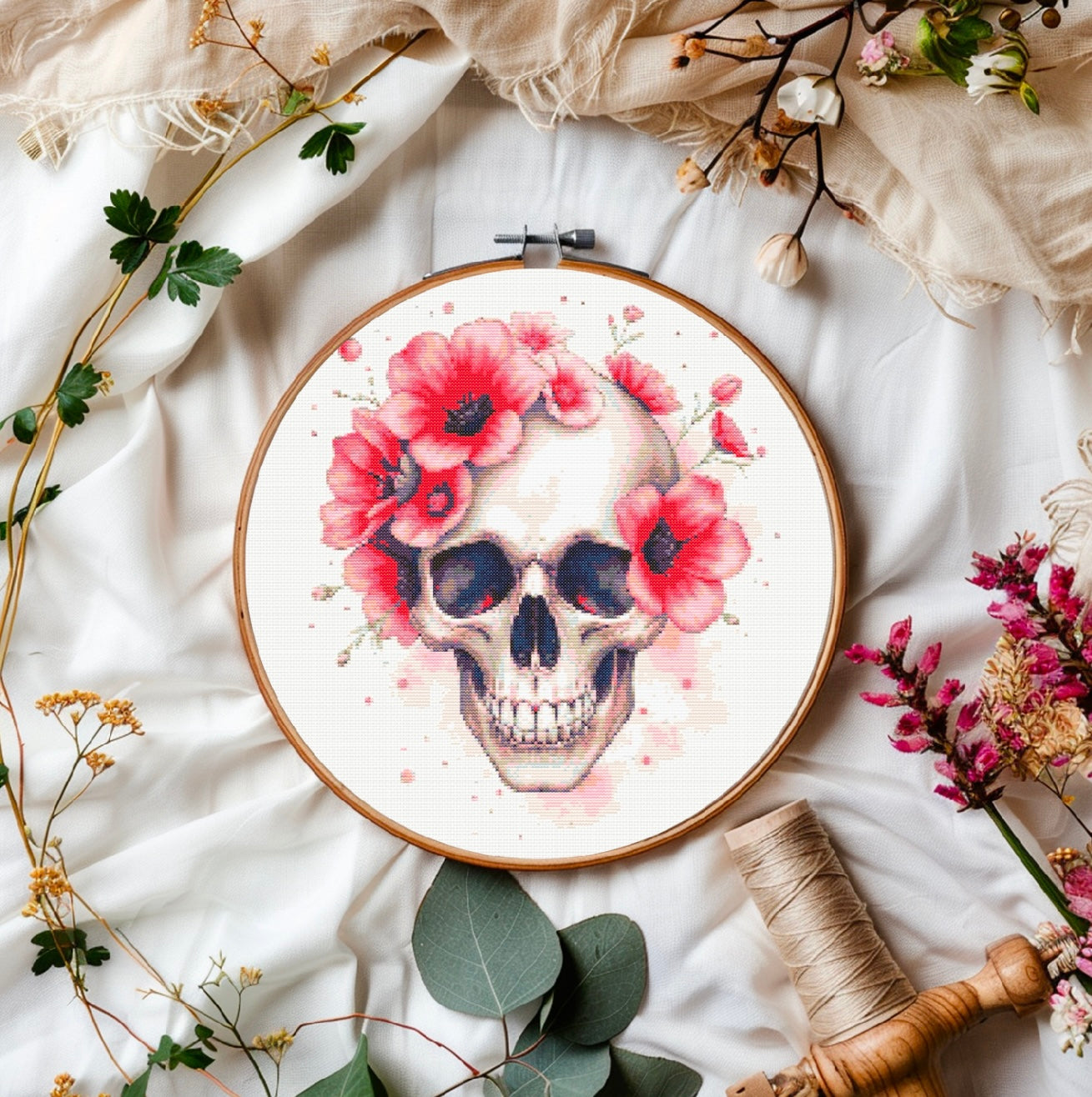 Watercolour Skull & Flowers (Red) PDF Pattern | Embroidery Cross Stitch Pattern Download | Stitching | Embroidery Kits | Stitch Design | Embroidery Stitches | PDF Pattern