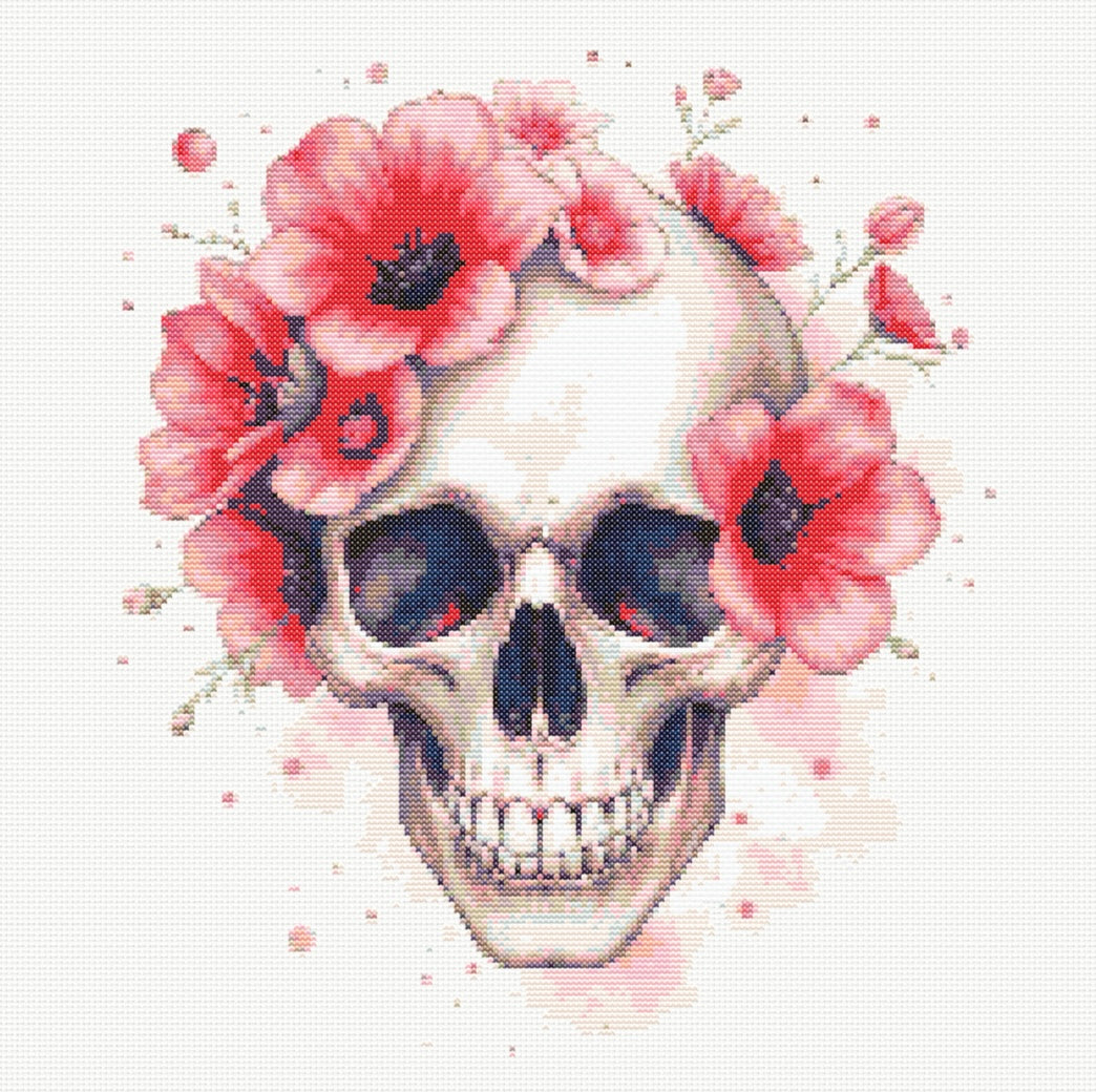 Watercolour Skull & Flowers (Red) PDF Pattern | Embroidery Cross Stitch Pattern Download | Stitching | Embroidery Kits | Stitch Design | Embroidery Stitches | PDF Pattern