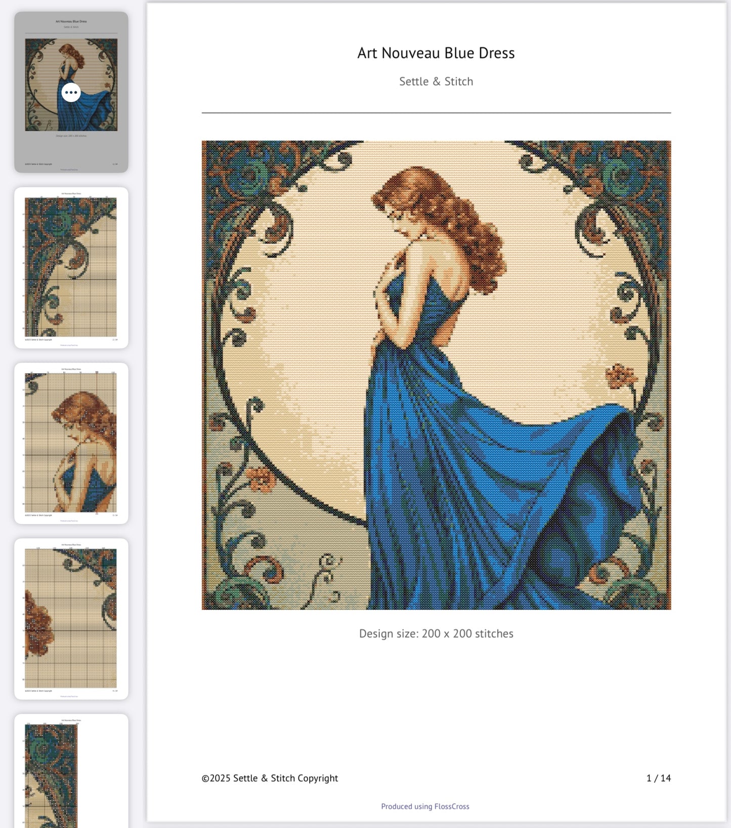 Art Nouveau Blue Dress PDF Pattern | Embroidery Cross Stitch Pattern Download | Stitching | Embroidery Kits | Stitch Design | Embroidery Stitches | PDF Pattern