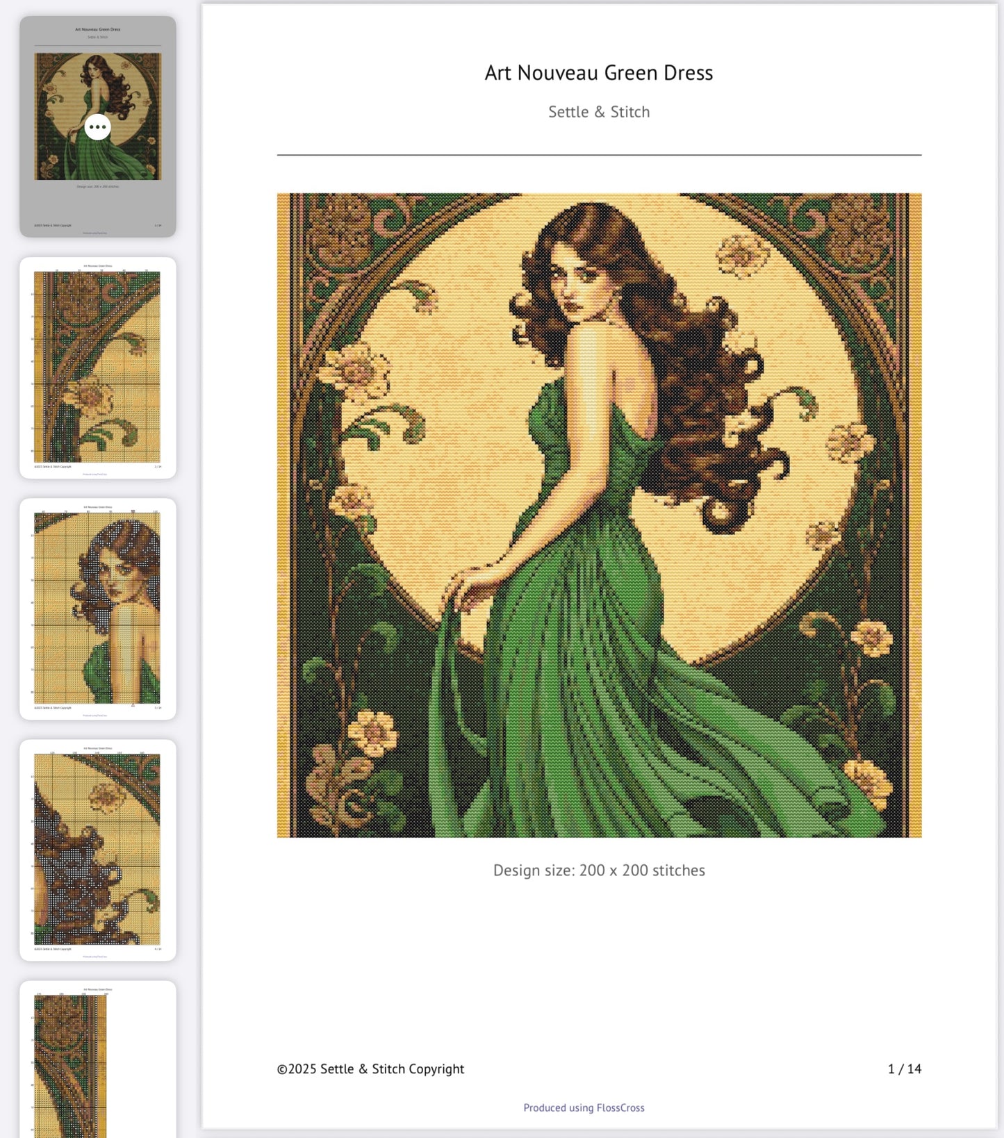 Art Nouveau Green Dress PDF Pattern | Embroidery Cross Stitch Pattern Download | Stitching | Embroidery Kits | Stitch Design | Embroidery Stitches | PDF Pattern