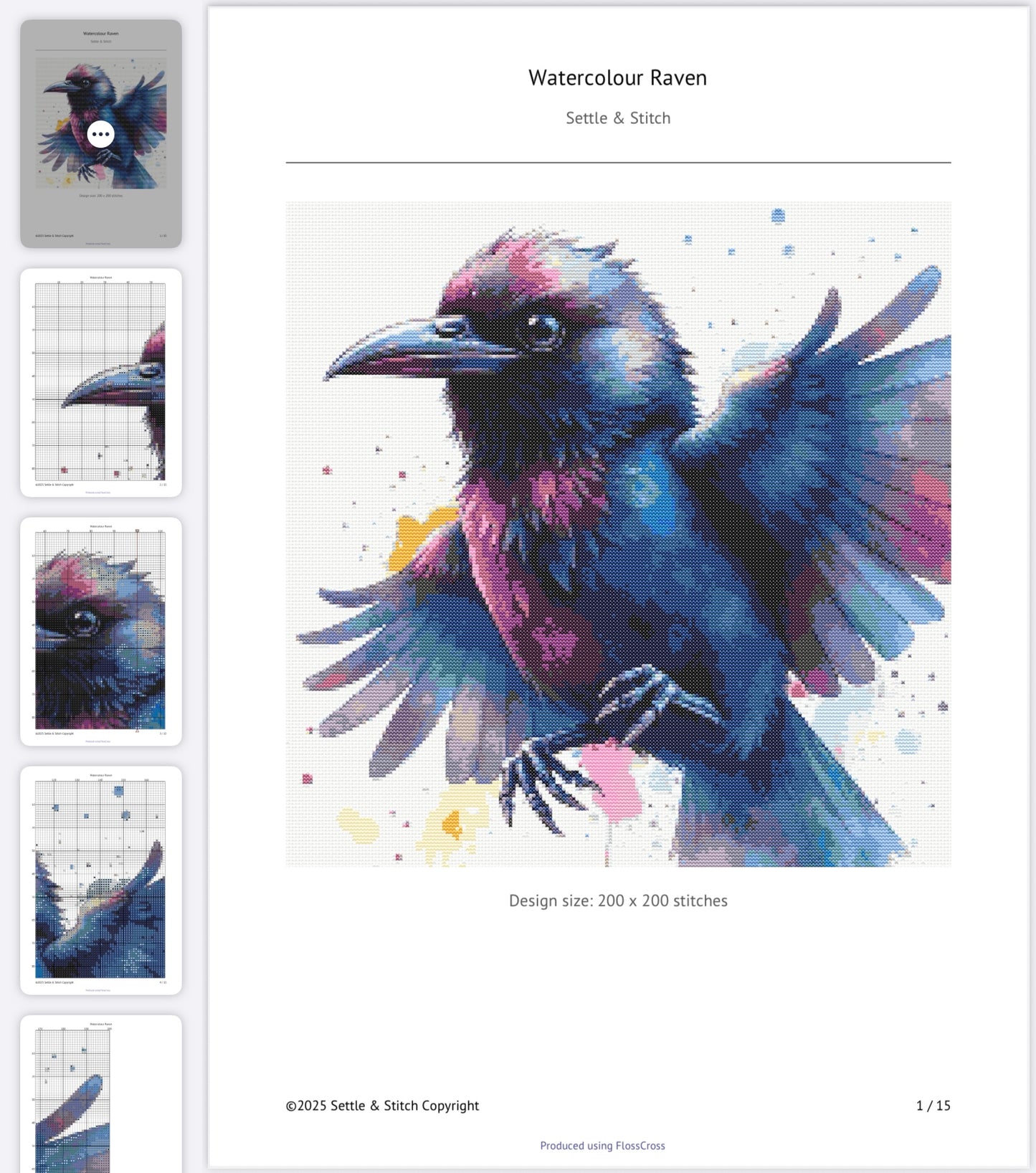 Watercolour Raven PDF Pattern | Embroidery Cross Stitch Pattern Download | Stitching | Embroidery Kits | Stitch Design | Embroidery Stitches | PDF Pattern