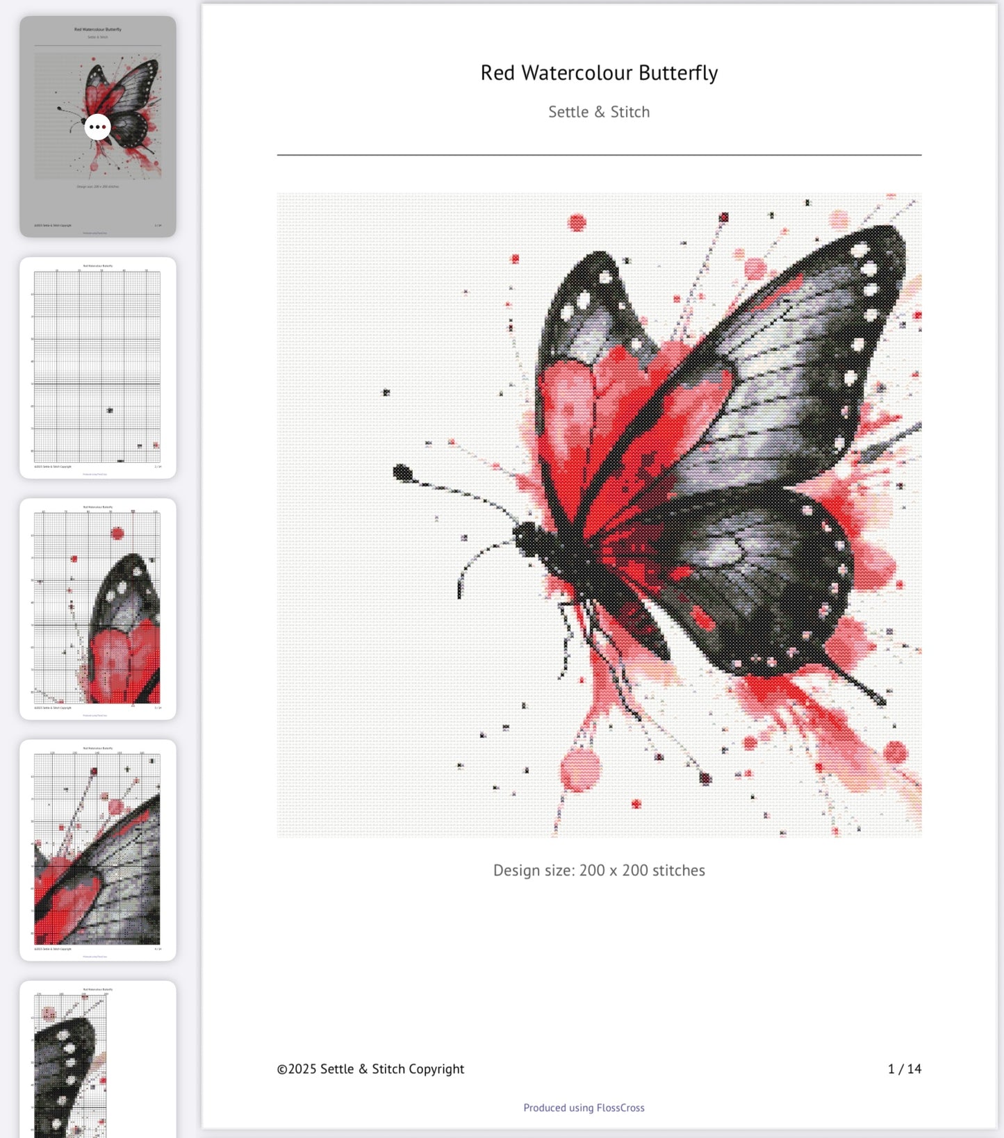 Watercolour Butterfly (Red & White) PDF Pattern | Embroidery Cross Stitch Pattern Download | Stitching | Embroidery Kits | Stitch Design | Embroidery Stitches | PDF Pattern