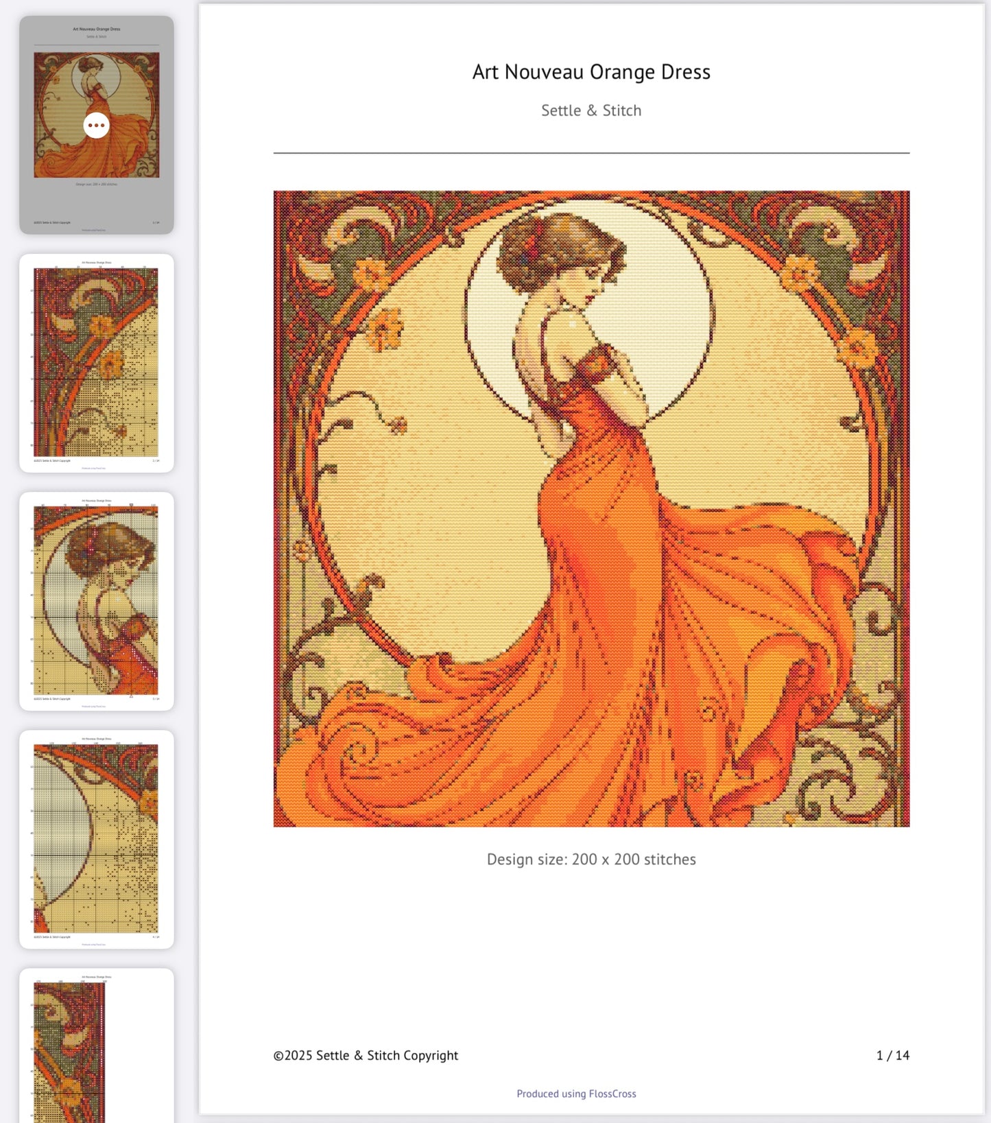 Art Nouveau Orange Dress PDF Pattern | Embroidery Cross Stitch Pattern Download | Stitching | Embroidery Kits | Stitch Design | Embroidery Stitches | PDF Pattern