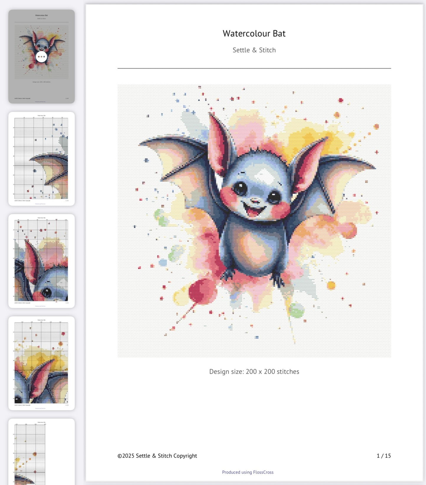 Watercolour Bat PDF Pattern | Embroidery Cross Stitch Pattern Download | Stitching | Embroidery Kits | Stitch Design | Embroidery Stitches | PDF Pattern