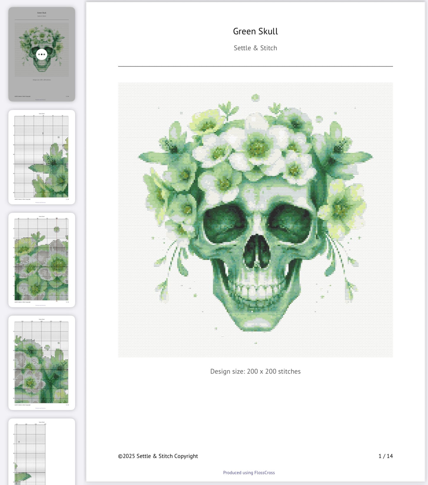 Watercolour Skull & Flowers (Green) PDF Pattern | Embroidery Cross Stitch Pattern Download | Stitching | Embroidery Kits | Stitch Design | Embroidery Stitches | PDF Pattern