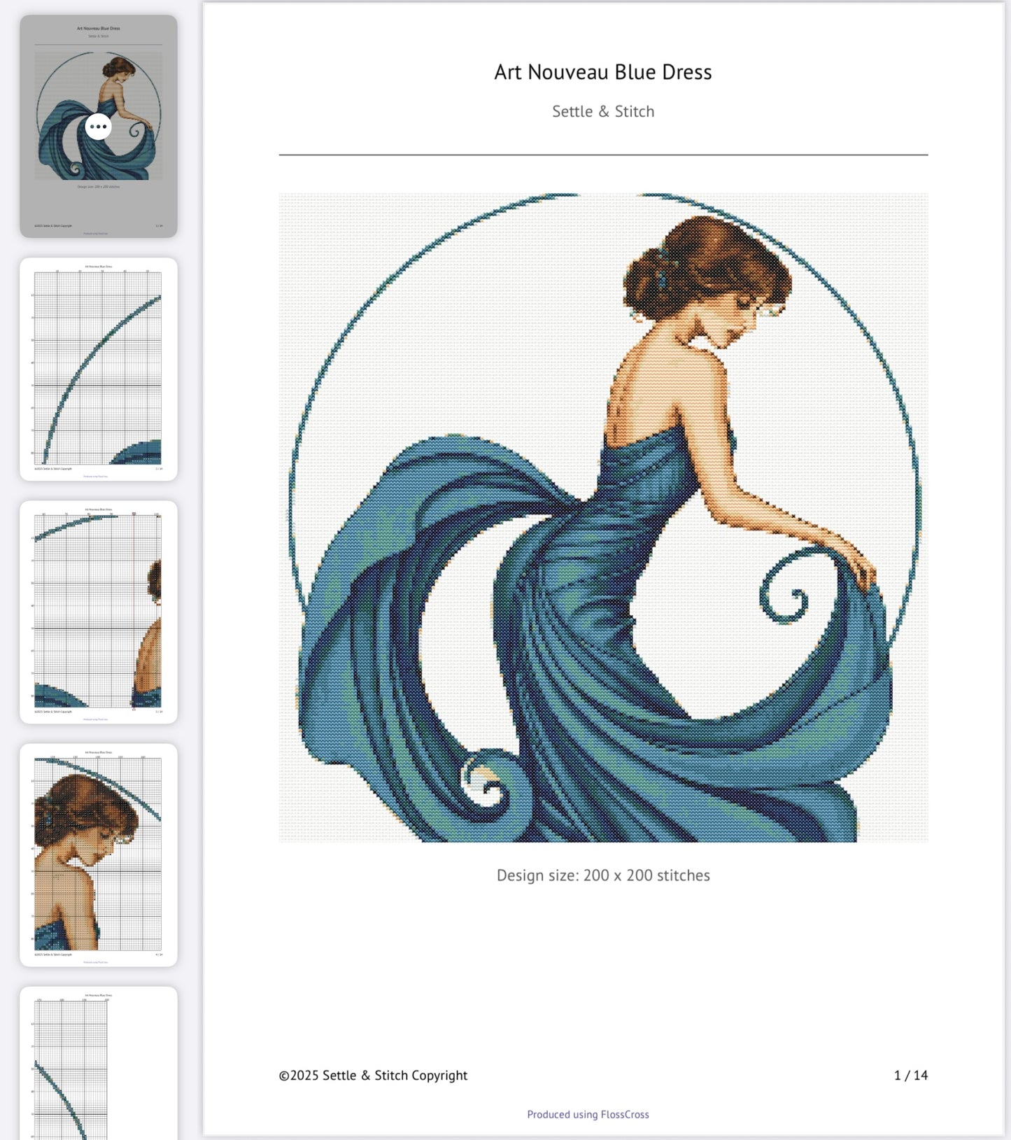 Art Nouveau Blue Dress (Circle) PDF Pattern | Embroidery Cross Stitch Pattern Download | Stitching | Embroidery Kits | Stitch Design | Embroidery Stitches | PDF Pattern