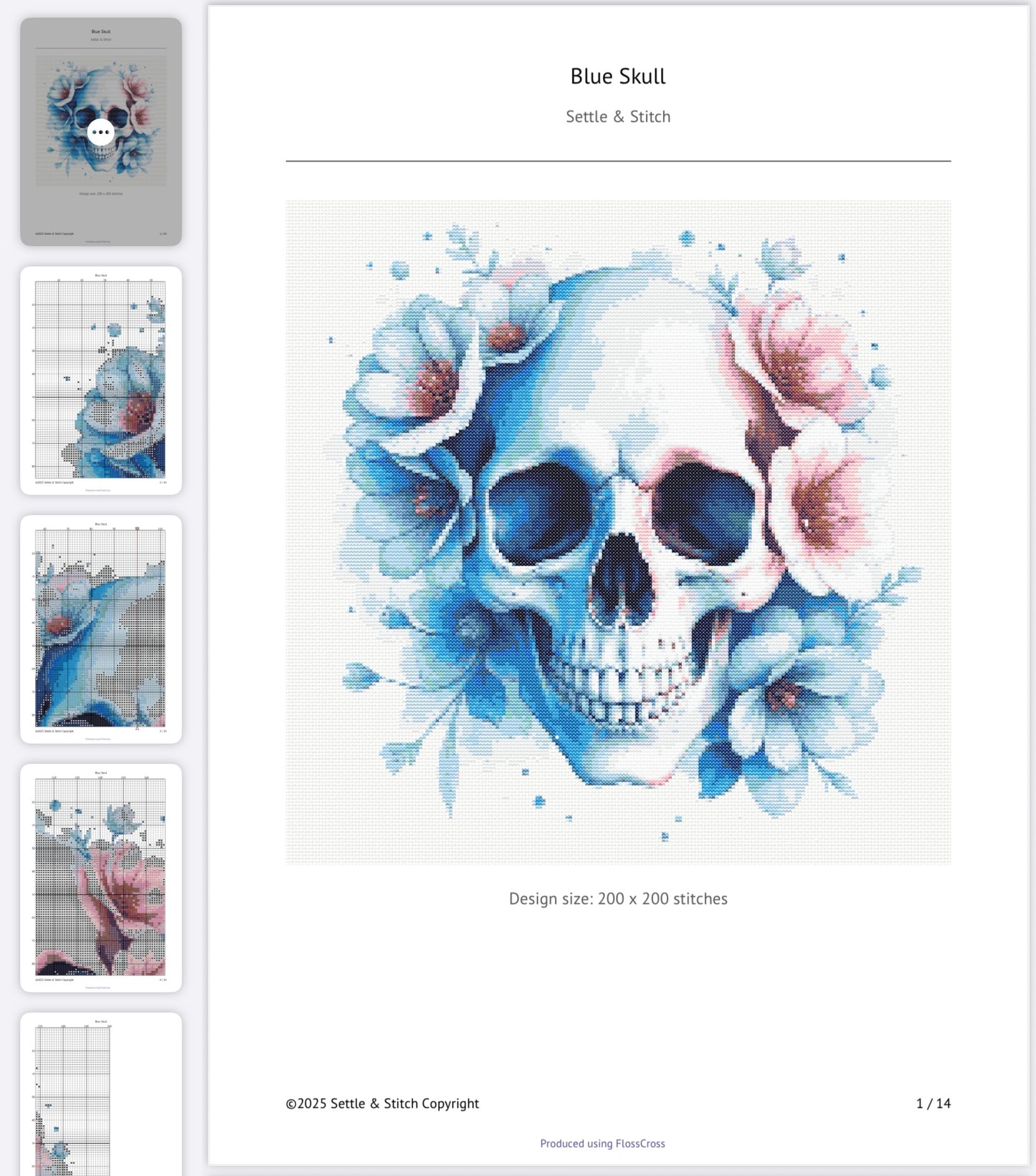 Watercolour Skull & Flowers (Blue & Peach) PDF Pattern | Embroidery Cross Stitch Pattern Download | Stitching | Embroidery Kits | Stitch Design | Embroidery Stitches | PDF Pattern