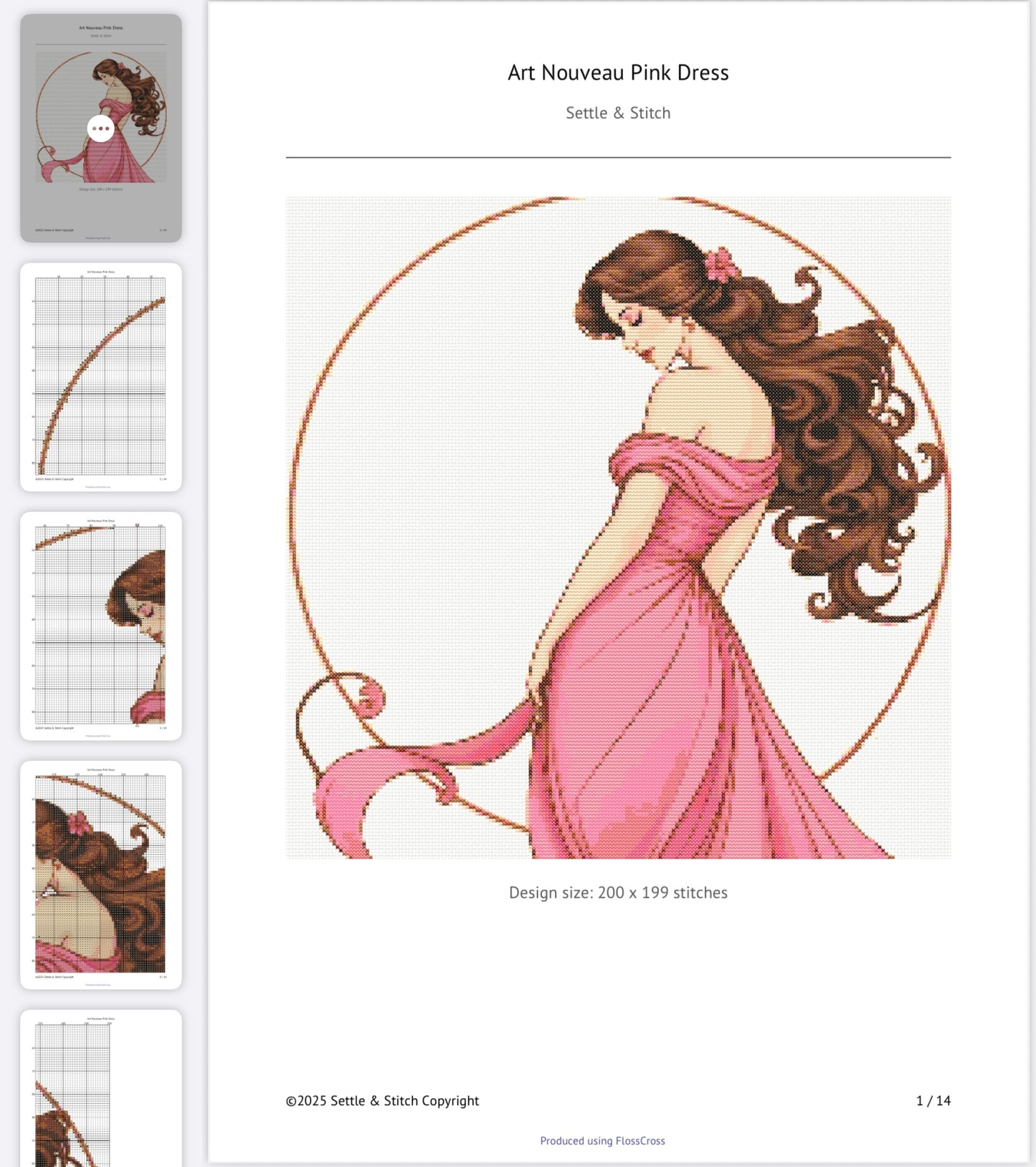 Art Nouveau Pink Dress (Circle) PDF Pattern | Embroidery Cross Stitch Pattern Download | Stitching | Embroidery Kits | Stitch Design | Embroidery Stitches | PDF Pattern