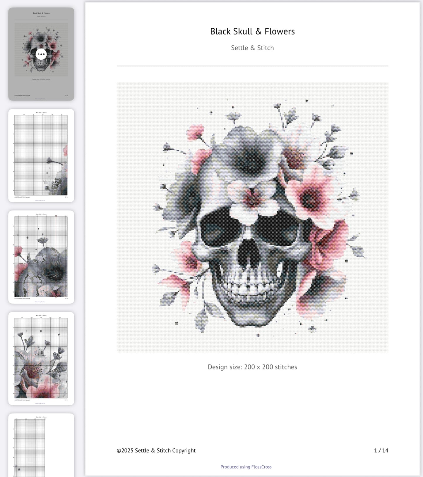 Watercolour Skull & Flowers (Black & Pink) PDF Pattern | Embroidery Cross Stitch Pattern Download | Stitching | Embroidery Kits | Stitch Design | Embroidery Stitches | PDF Pattern