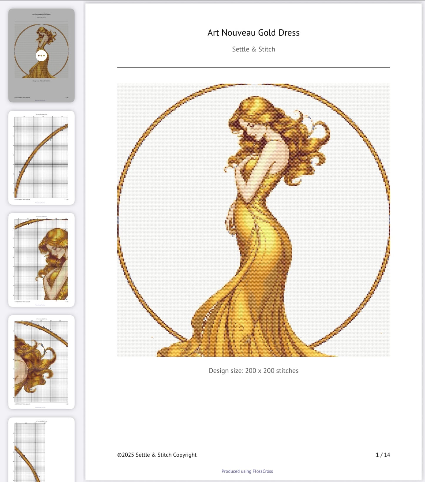 Art Nouveau Gold Dress (Circle) PDF Pattern | Embroidery Cross Stitch Pattern Download | Stitching | Embroidery Kits | Stitch Design | Embroidery Stitches | PDF Pattern