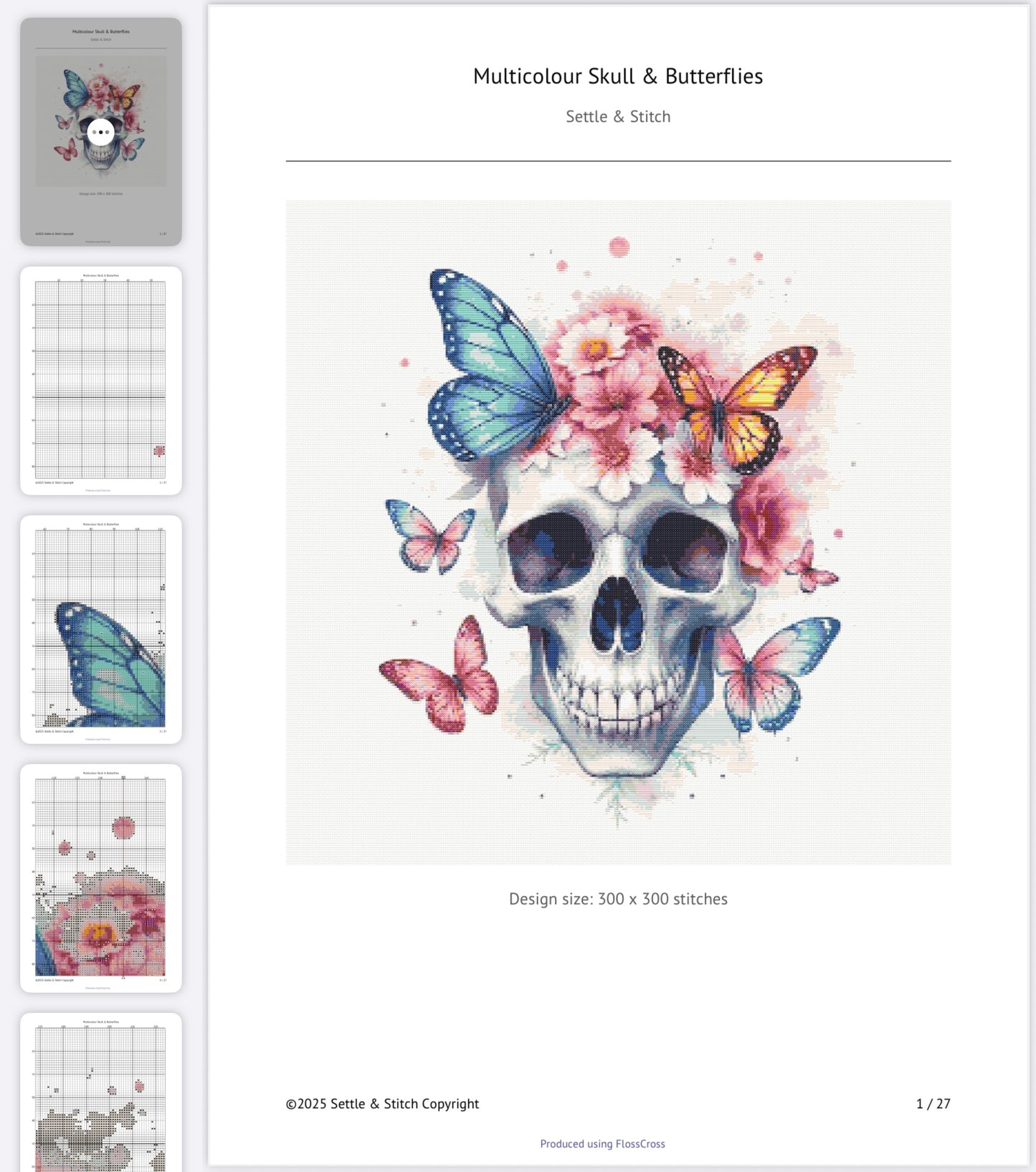 Watercolour Skull & Butterflies (Multicolour) PDF Pattern | Embroidery Cross Stitch Pattern Download | Stitching | Embroidery Kits | Stitch Design | Embroidery Stitches | PDF Pattern