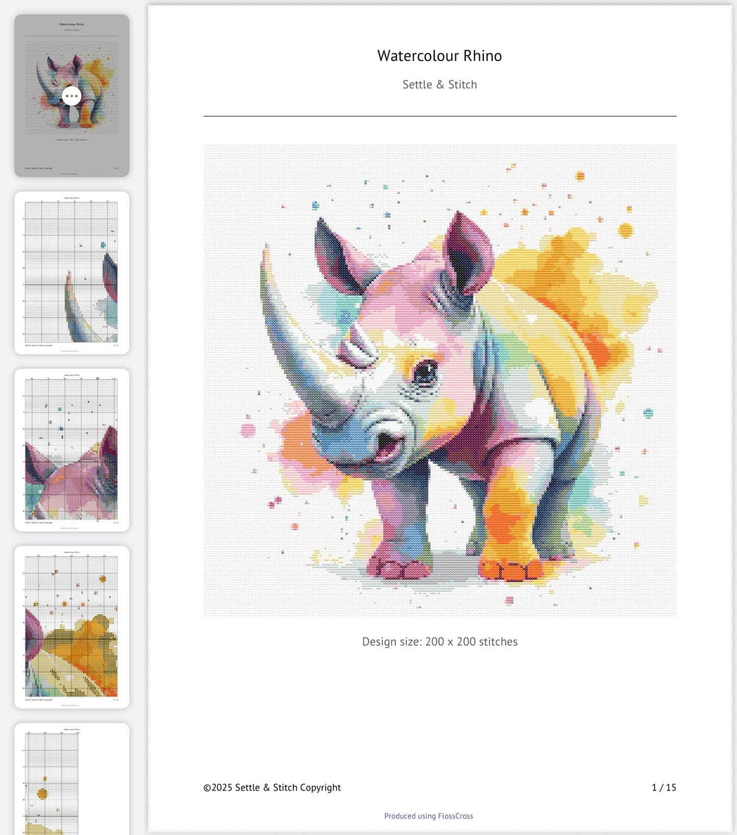 Watercolour Rhino PDF Pattern | Embroidery Cross Stitch Pattern Download | Stitching | Embroidery Kits | Stitch Design | Embroidery Stitches | PDF Pattern