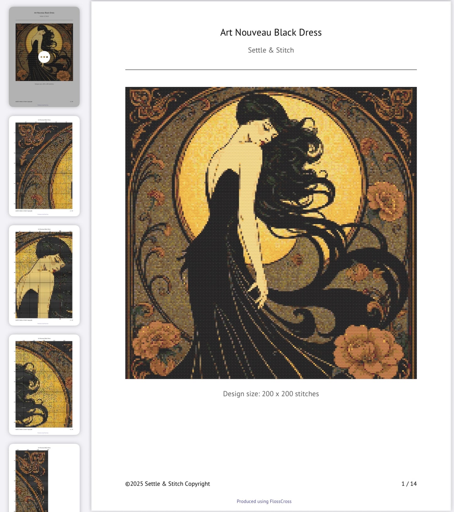 Art Nouveau Black Dress PDF Pattern | Embroidery Cross Stitch Pattern Download | Stitching | Embroidery Kits | Stitch Design | Embroidery Stitches | PDF Pattern