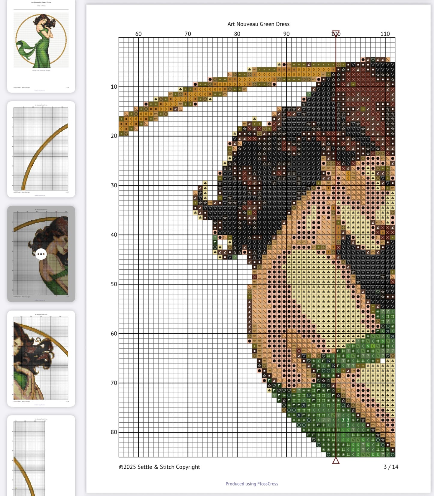 Art Nouveau Green Dress (Circle) PDF Pattern | Embroidery Cross Stitch Pattern Download | Stitching | Embroidery Kits | Stitch Design | Embroidery Stitches | PDF Pattern