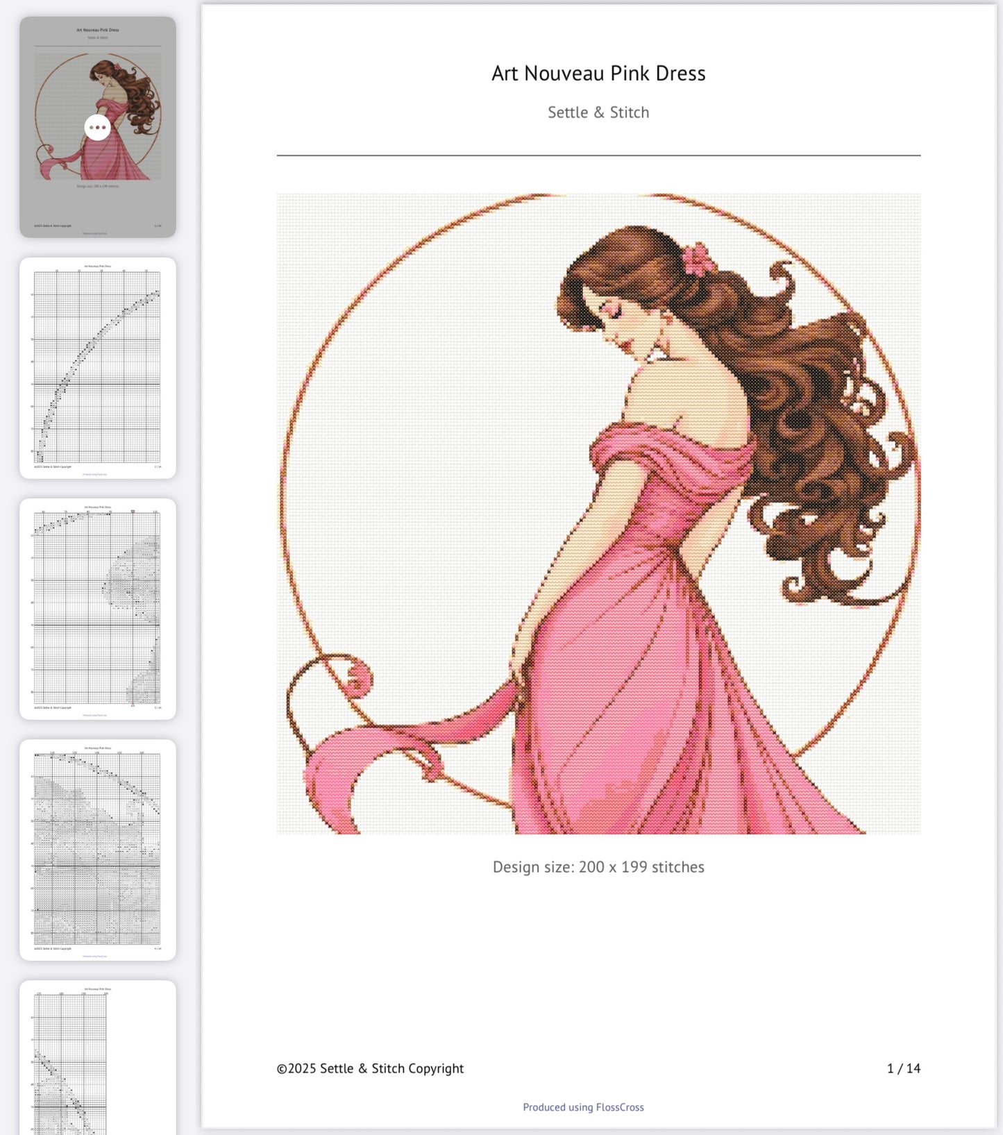Art Nouveau Pink Dress (Circle) PDF Pattern | Embroidery Cross Stitch Pattern Download | Stitching | Embroidery Kits | Stitch Design | Embroidery Stitches | PDF Pattern