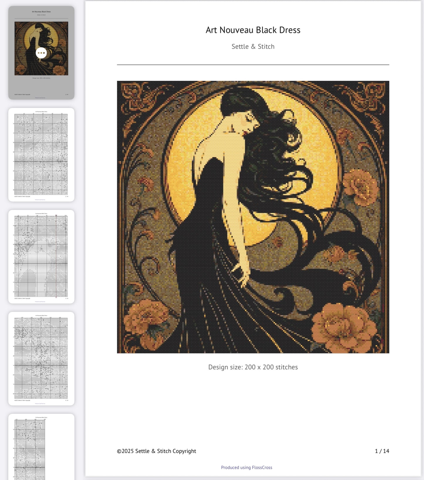 Art Nouveau Black Dress PDF Pattern | Embroidery Cross Stitch Pattern Download | Stitching | Embroidery Kits | Stitch Design | Embroidery Stitches | PDF Pattern