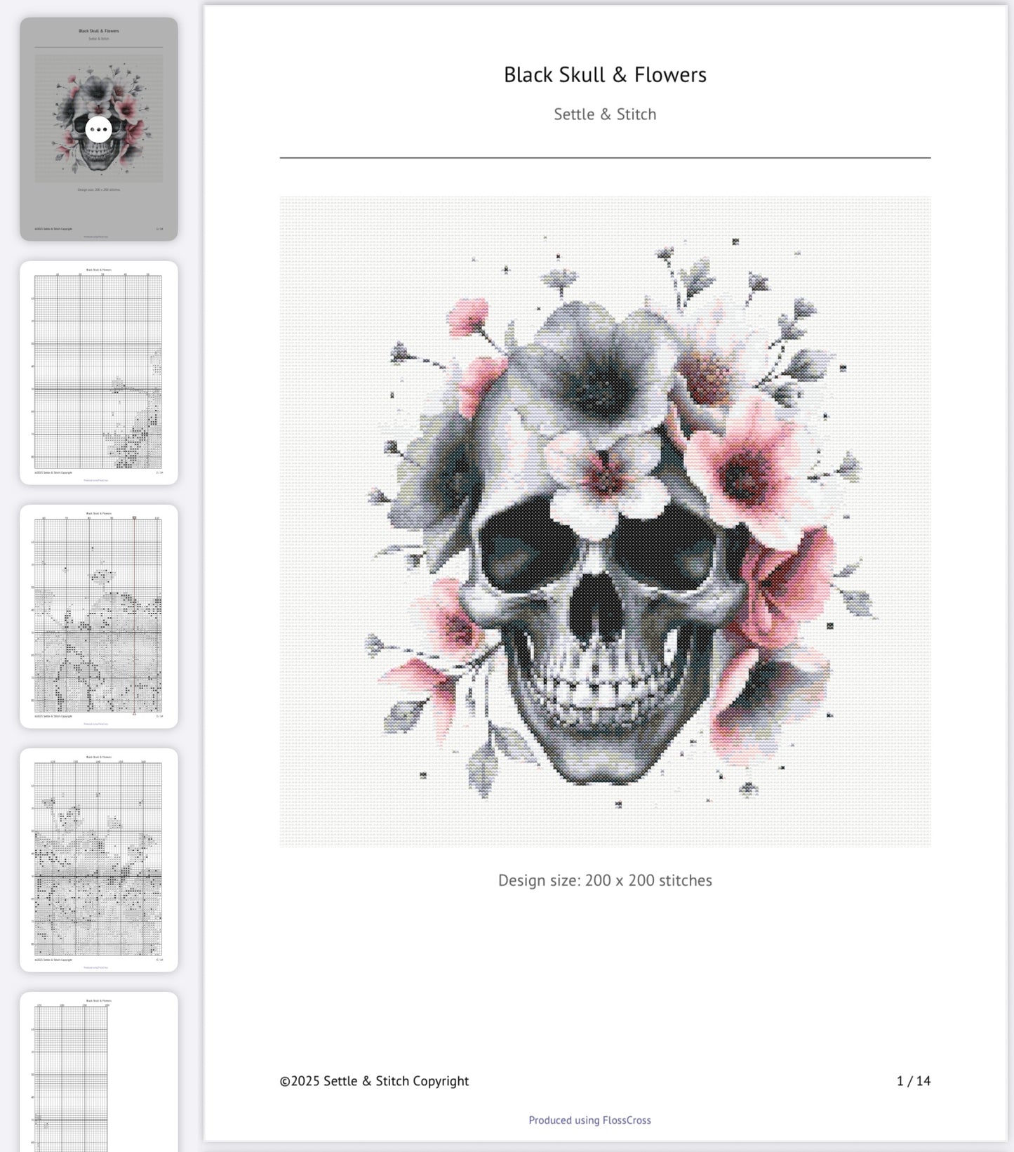 Watercolour Skull & Flowers (Black & Pink) PDF Pattern | Embroidery Cross Stitch Pattern Download | Stitching | Embroidery Kits | Stitch Design | Embroidery Stitches | PDF Pattern