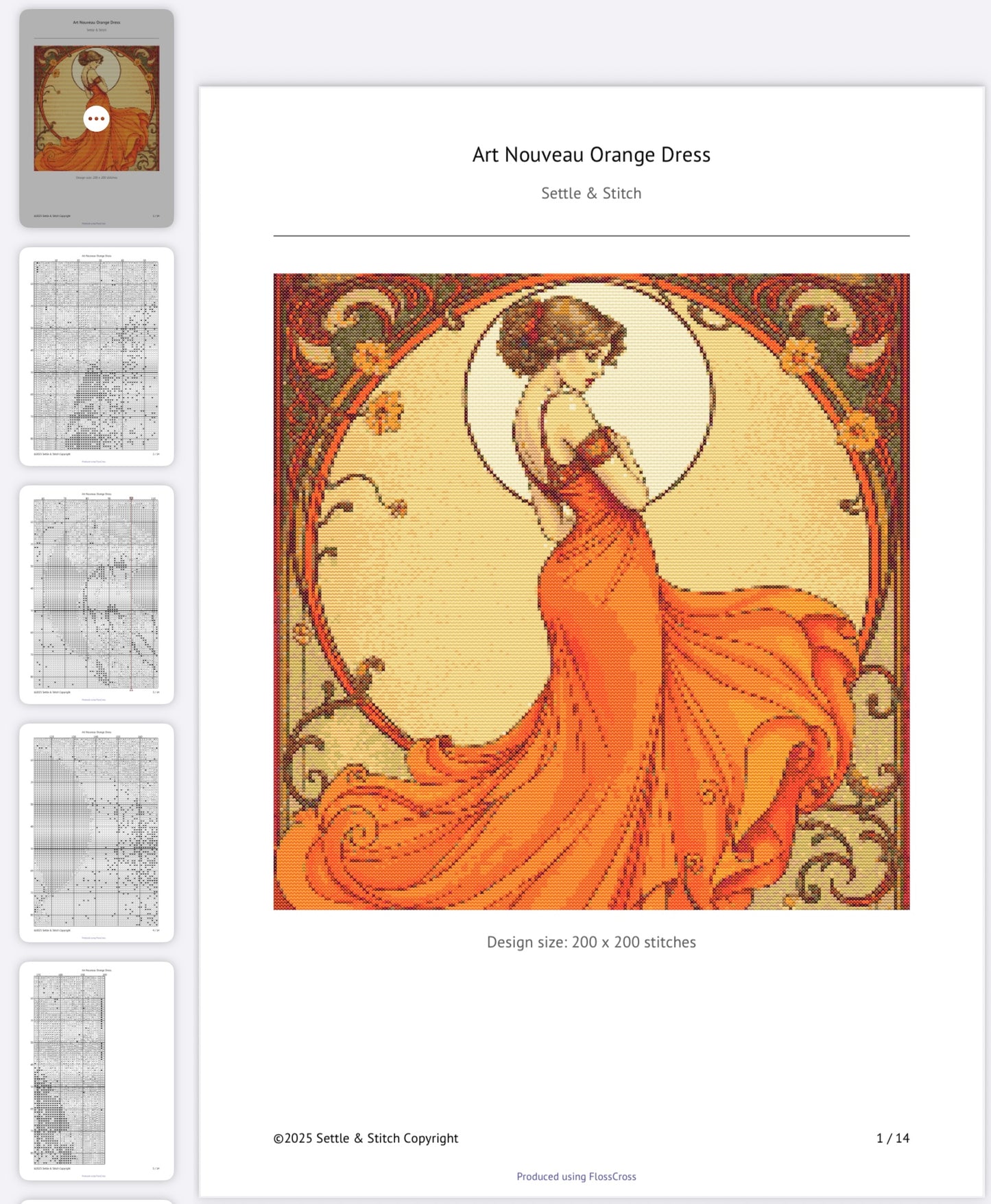 Art Nouveau Orange Dress PDF Pattern | Embroidery Cross Stitch Pattern Download | Stitching | Embroidery Kits | Stitch Design | Embroidery Stitches | PDF Pattern