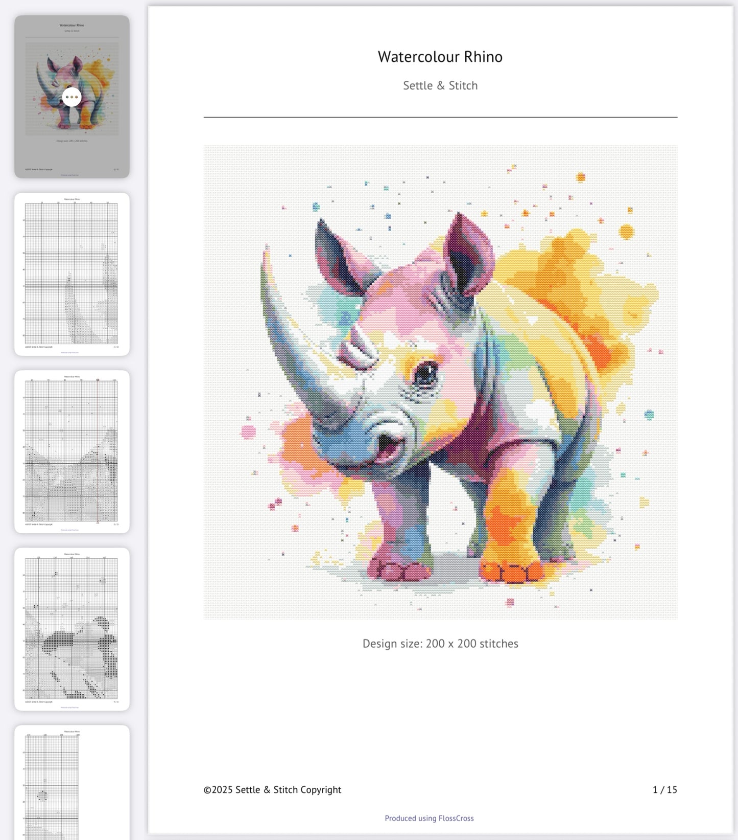 Watercolour Rhino PDF Pattern | Embroidery Cross Stitch Pattern Download | Stitching | Embroidery Kits | Stitch Design | Embroidery Stitches | PDF Pattern