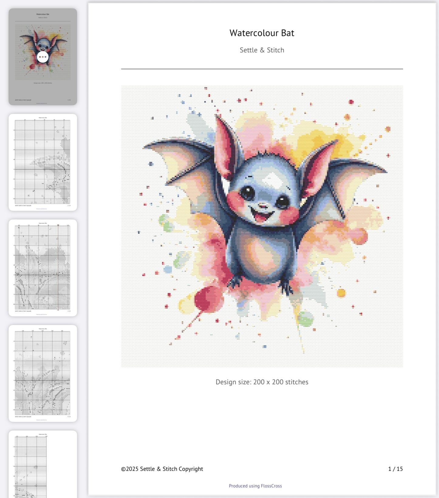 Watercolour Bat PDF Pattern | Embroidery Cross Stitch Pattern Download | Stitching | Embroidery Kits | Stitch Design | Embroidery Stitches | PDF Pattern