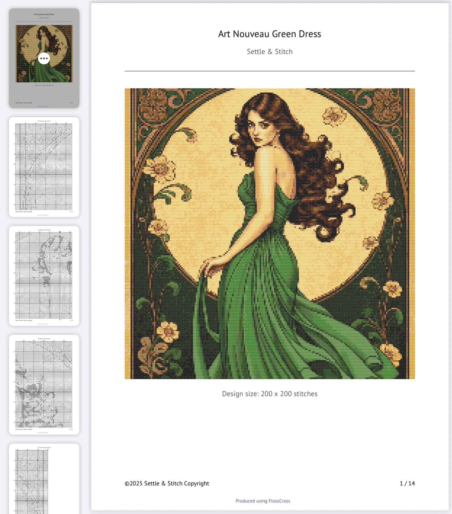 Art Nouveau Green Dress PDF Pattern | Embroidery Cross Stitch Pattern Download | Stitching | Embroidery Kits | Stitch Design | Embroidery Stitches | PDF Pattern