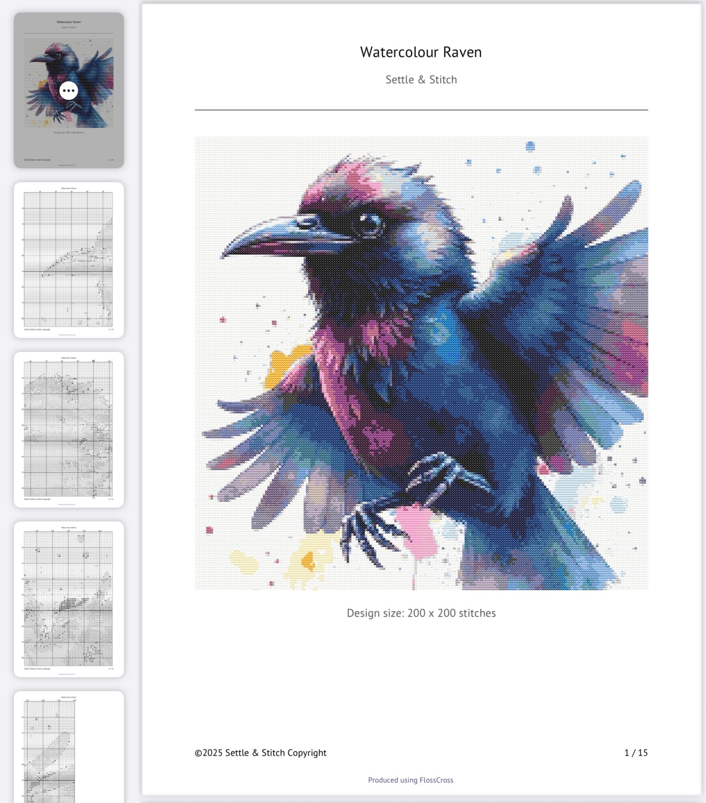 Watercolour Raven PDF Pattern | Embroidery Cross Stitch Pattern Download | Stitching | Embroidery Kits | Stitch Design | Embroidery Stitches | PDF Pattern