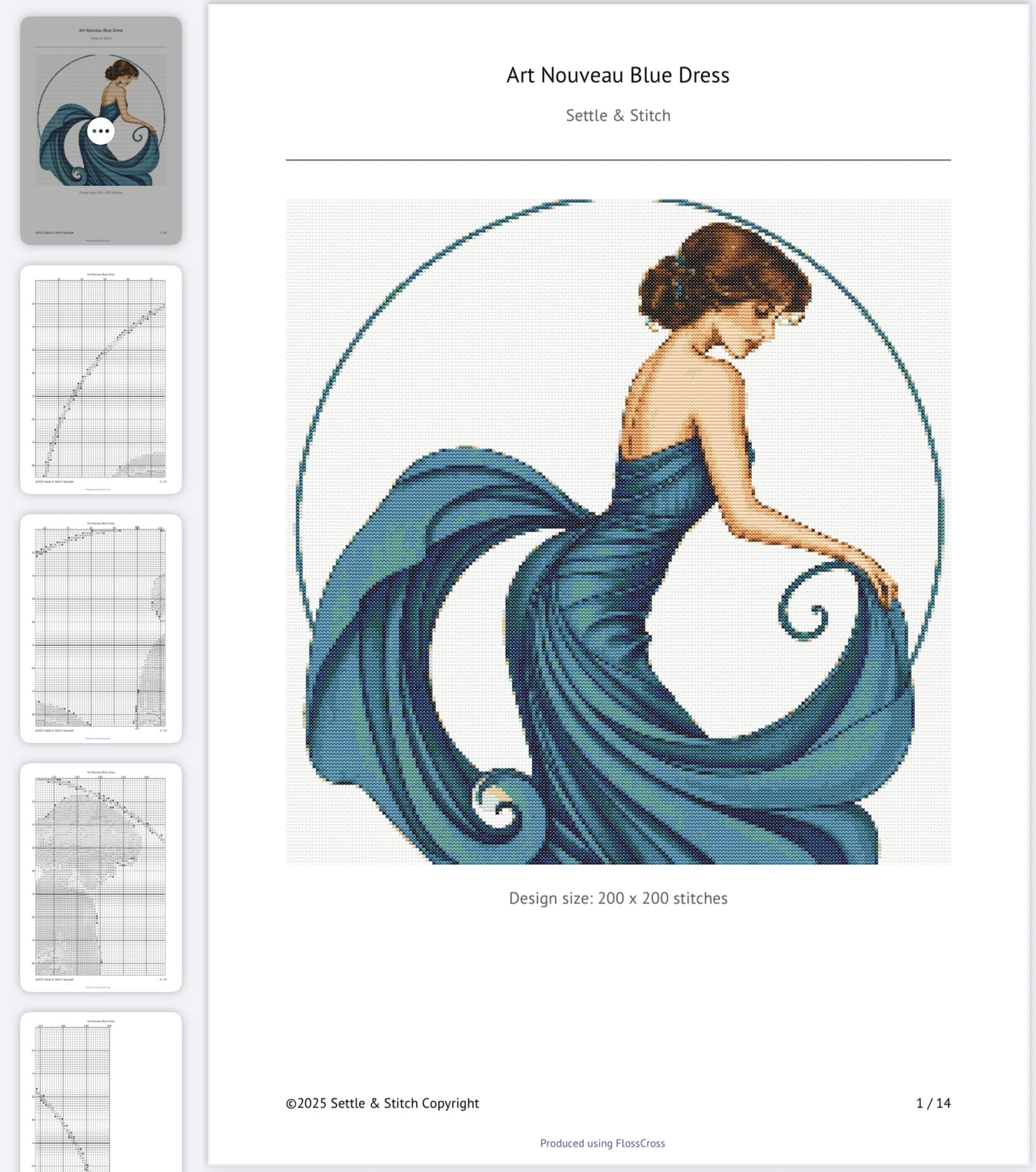 Art Nouveau Blue Dress (Circle) PDF Pattern | Embroidery Cross Stitch Pattern Download | Stitching | Embroidery Kits | Stitch Design | Embroidery Stitches | PDF Pattern