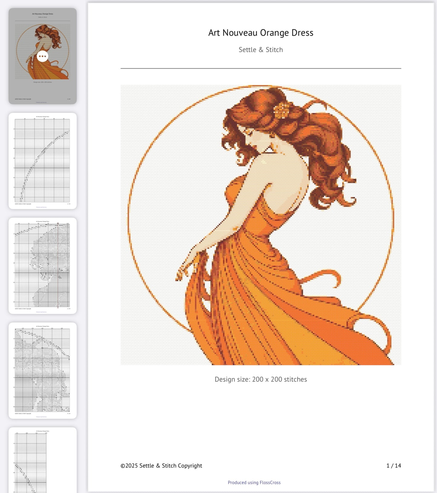 Art Nouveau Orange Dress (Circle) PDF Pattern | Embroidery Cross Stitch Pattern Download | Stitching | Embroidery Kits | Stitch Design | Embroidery Stitches | PDF Pattern