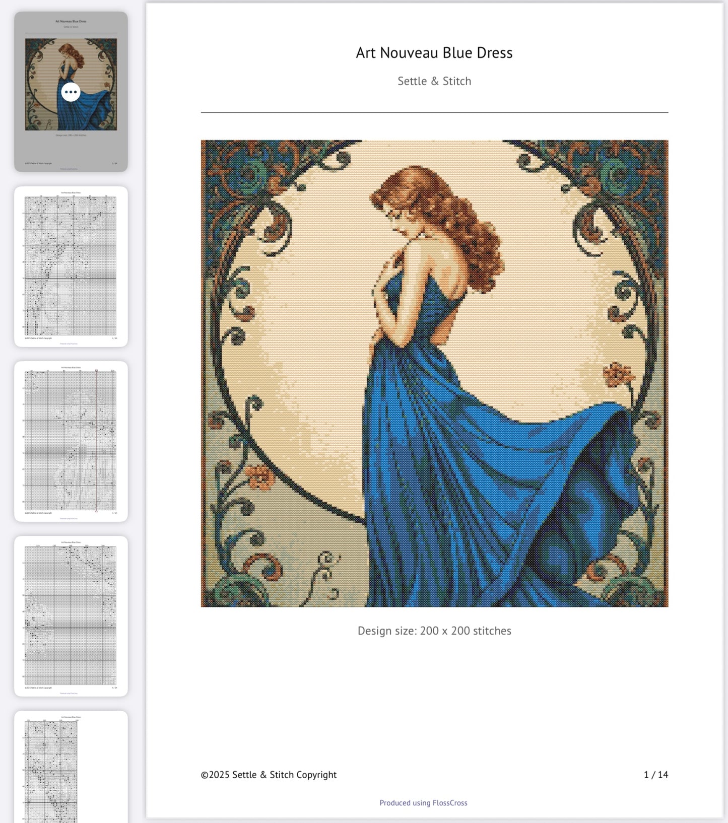 Art Nouveau Blue Dress PDF Pattern | Embroidery Cross Stitch Pattern Download | Stitching | Embroidery Kits | Stitch Design | Embroidery Stitches | PDF Pattern